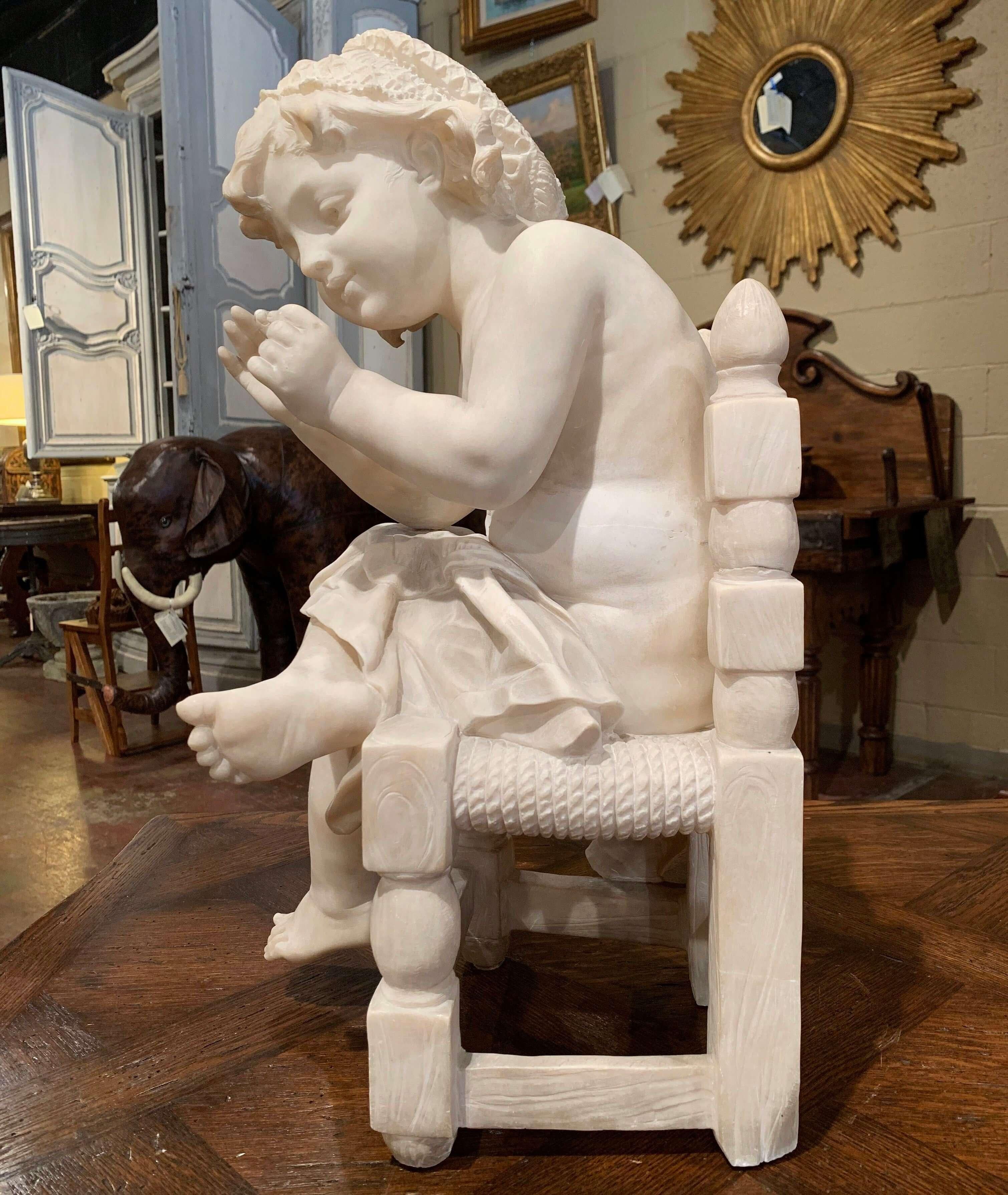 19th Century French Carved Young Girl on Chair Marble Sculpture Composition For Sale 4