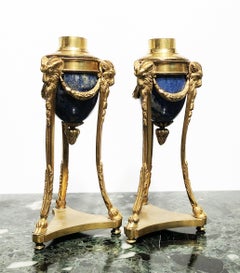 19th Century French Cassolettes Gold Bronze and Lapis Lazzuli Candleholders Pair