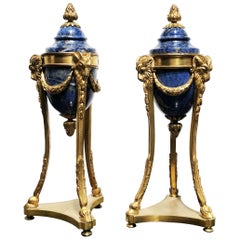 19th Century French Cassolettes Gold Bronze and Lapis Lazzuli Candleholders Pair