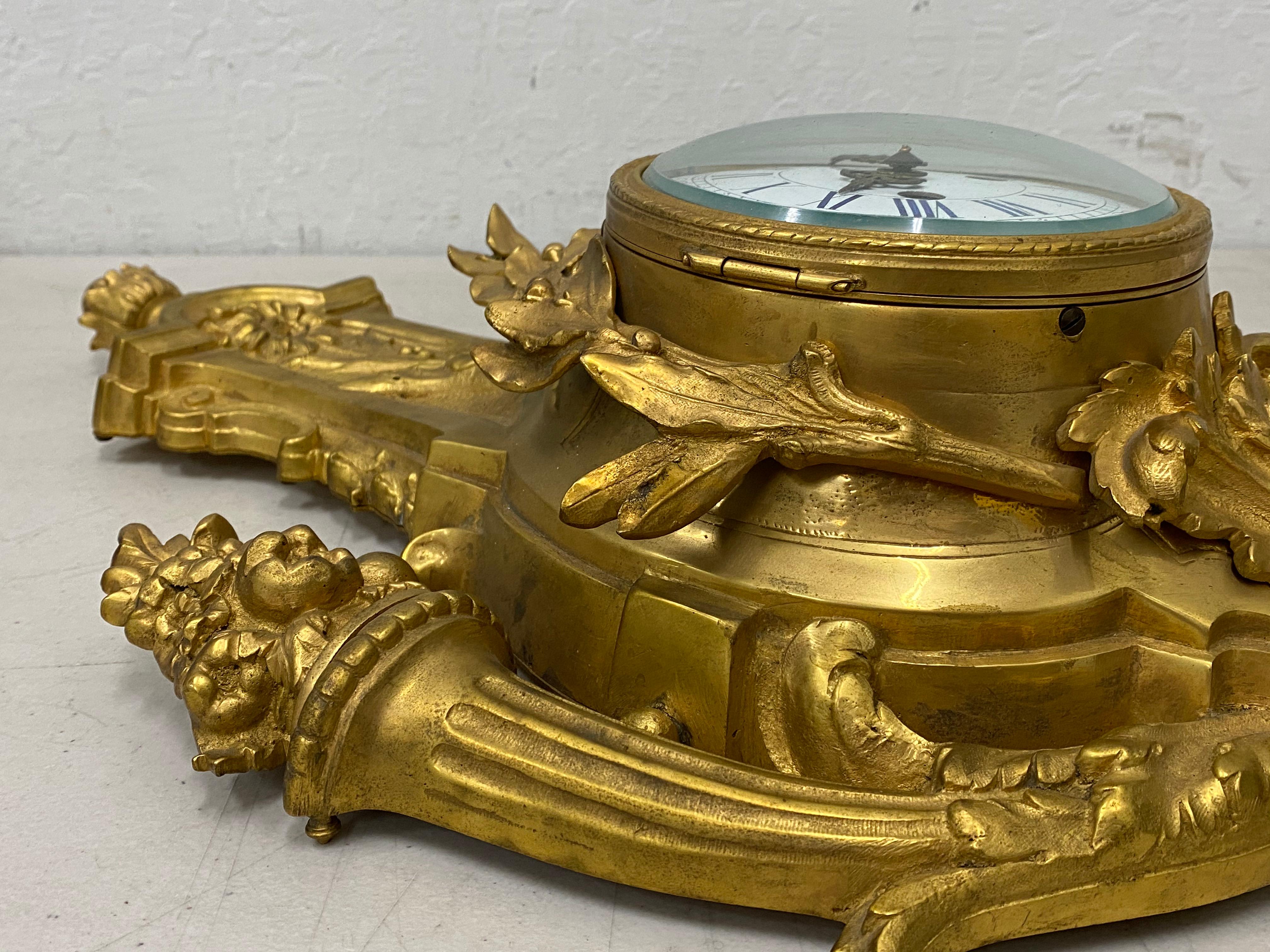 19th Century French Cast Bronze and Gilded Wall Clock, circa 1880 In Good Condition In San Francisco, CA