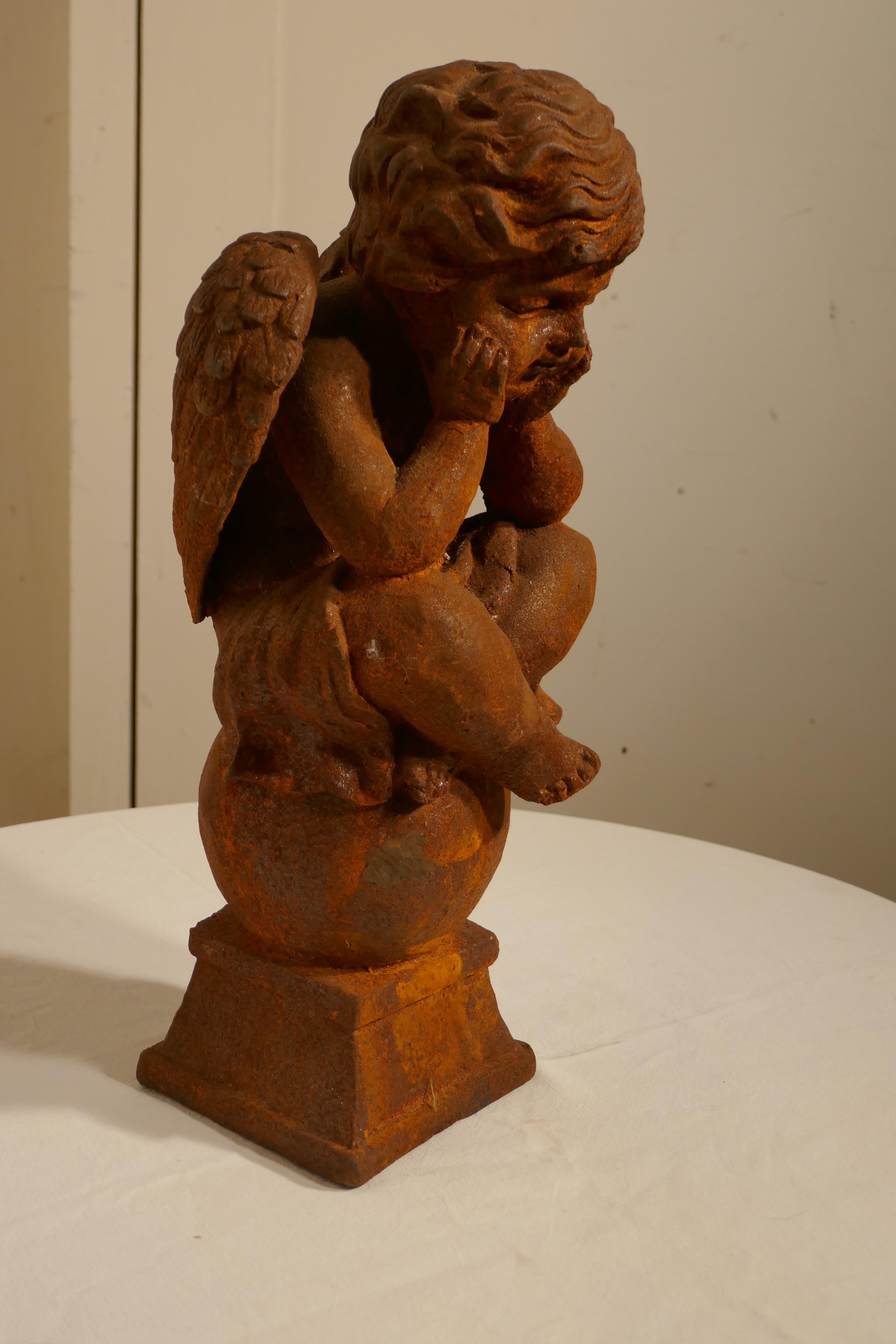 Art Nouveau 19th Century French Cast Iron Angel, Putti Deep in Thought