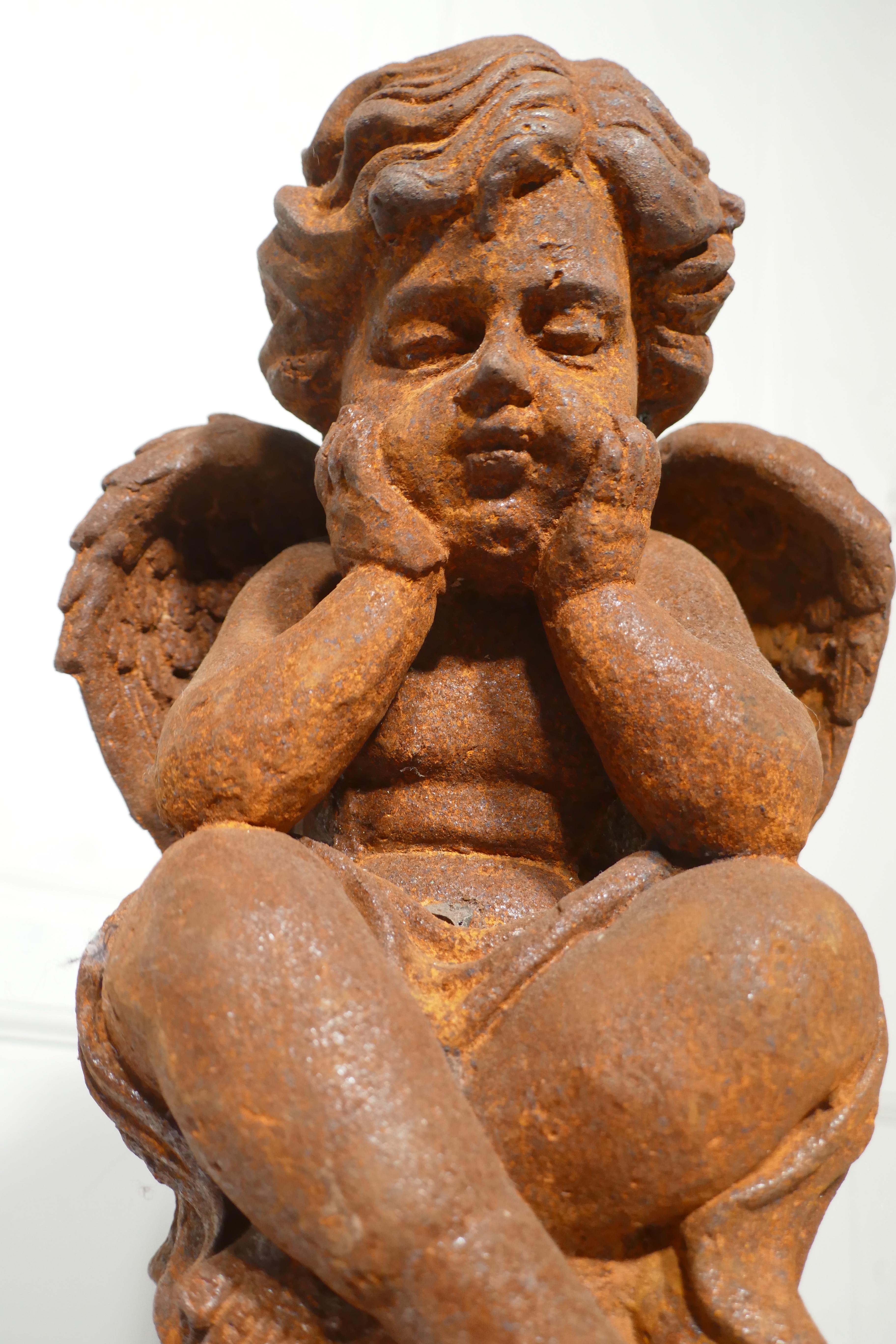 Late 19th Century 19th Century French Cast Iron Angel, Putti Deep in Thought