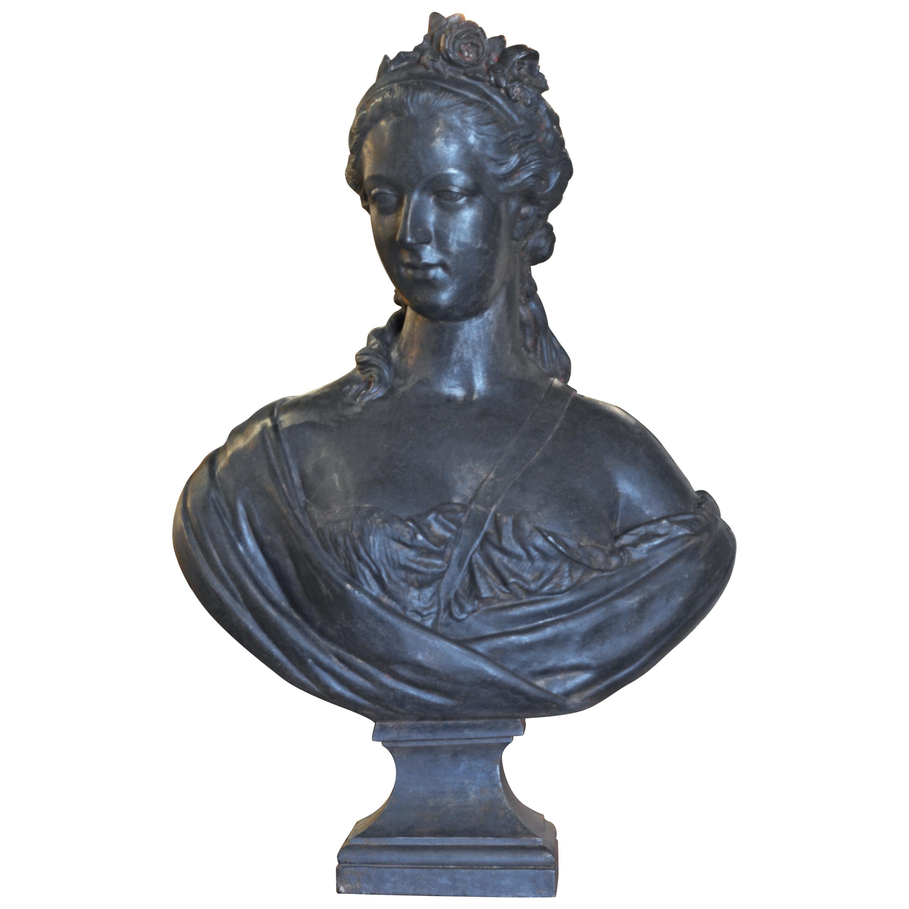 19th Century French Cast Iron Bust of a Young Lady by J. J. Ducel Foundry, Paris