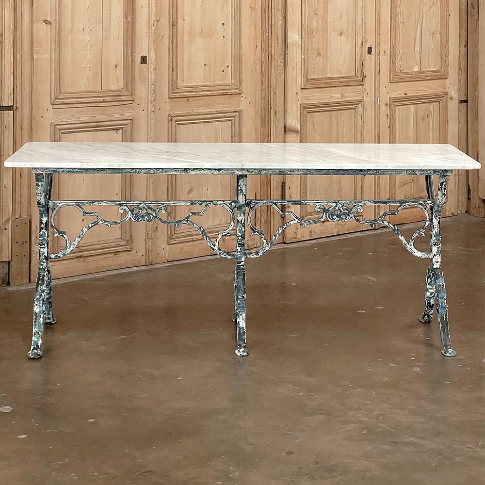Belle Époque 19th Century French Cast Iron Cafe Table, Sofa Table with Carrara Marble For Sale