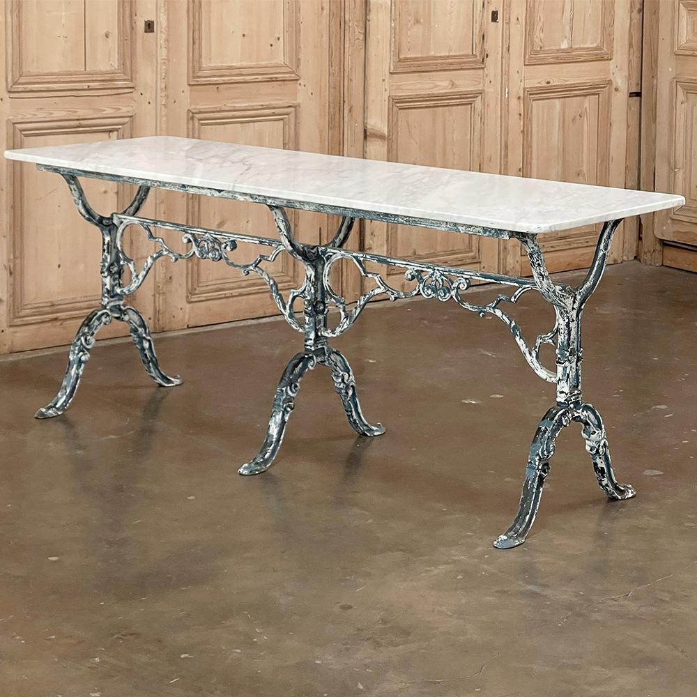 Hand-Crafted 19th Century French Cast Iron Cafe Table, Sofa Table with Carrara Marble For Sale