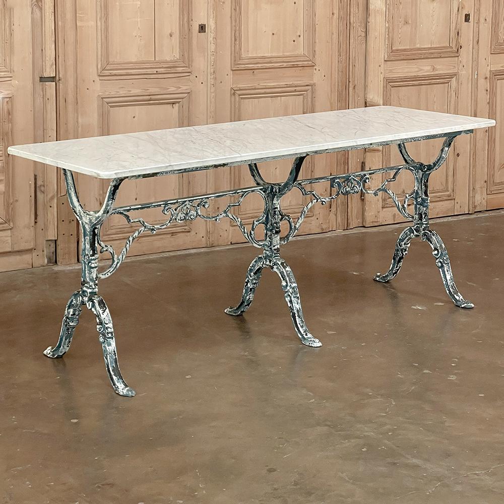 Hand-Crafted 19th Century French Cast Iron Cafe Table ~ Sofa Table with Carrara Marble For Sale