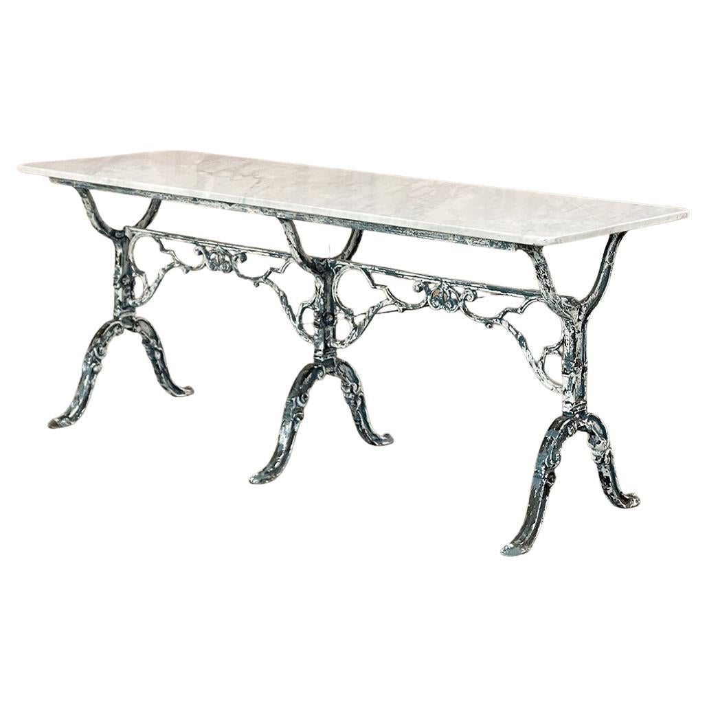 19th Century French Cast Iron Cafe Table, Sofa Table with Carrara Marble For Sale