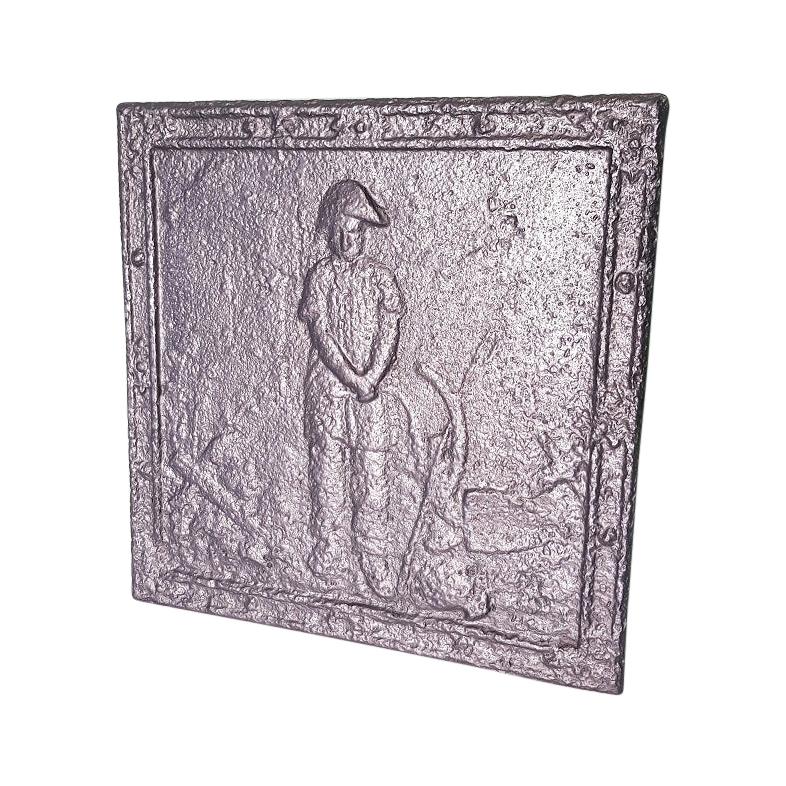 19th Century French Cast Iron Fireback with Image of Farmer with a Napoleon Hat.