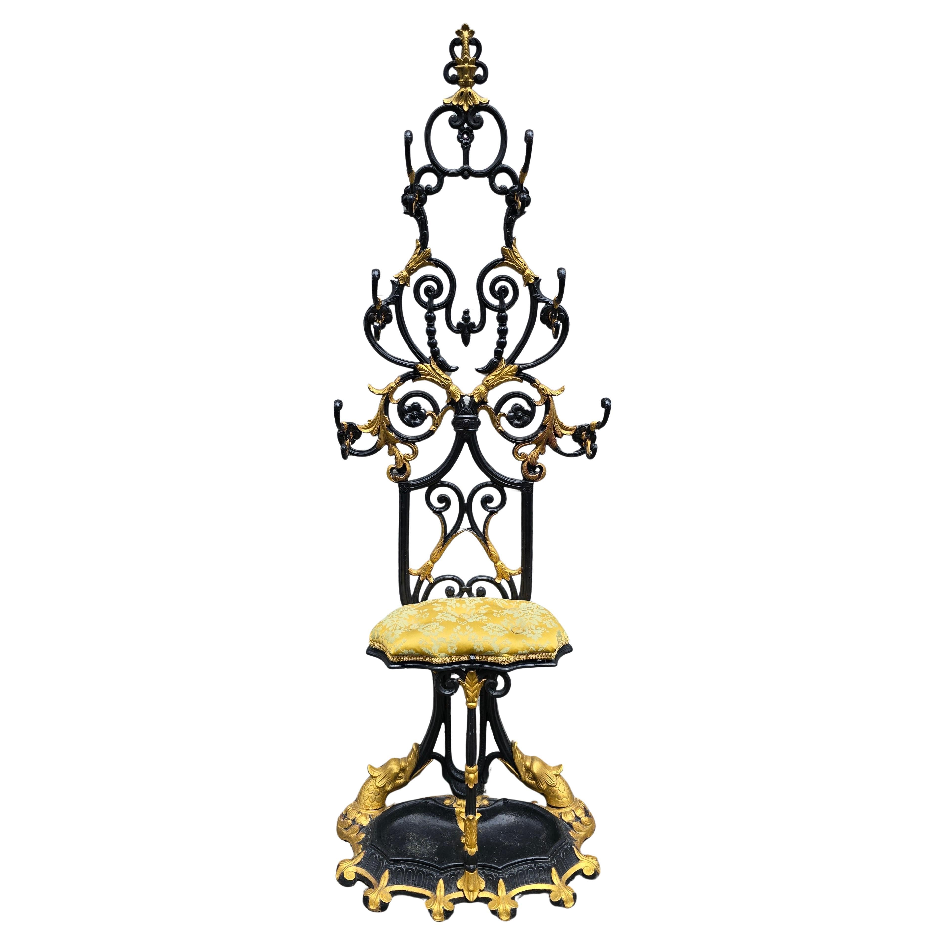 Tissu 19th Century French Cast Iron Hall Stand with Gilded Accents en vente