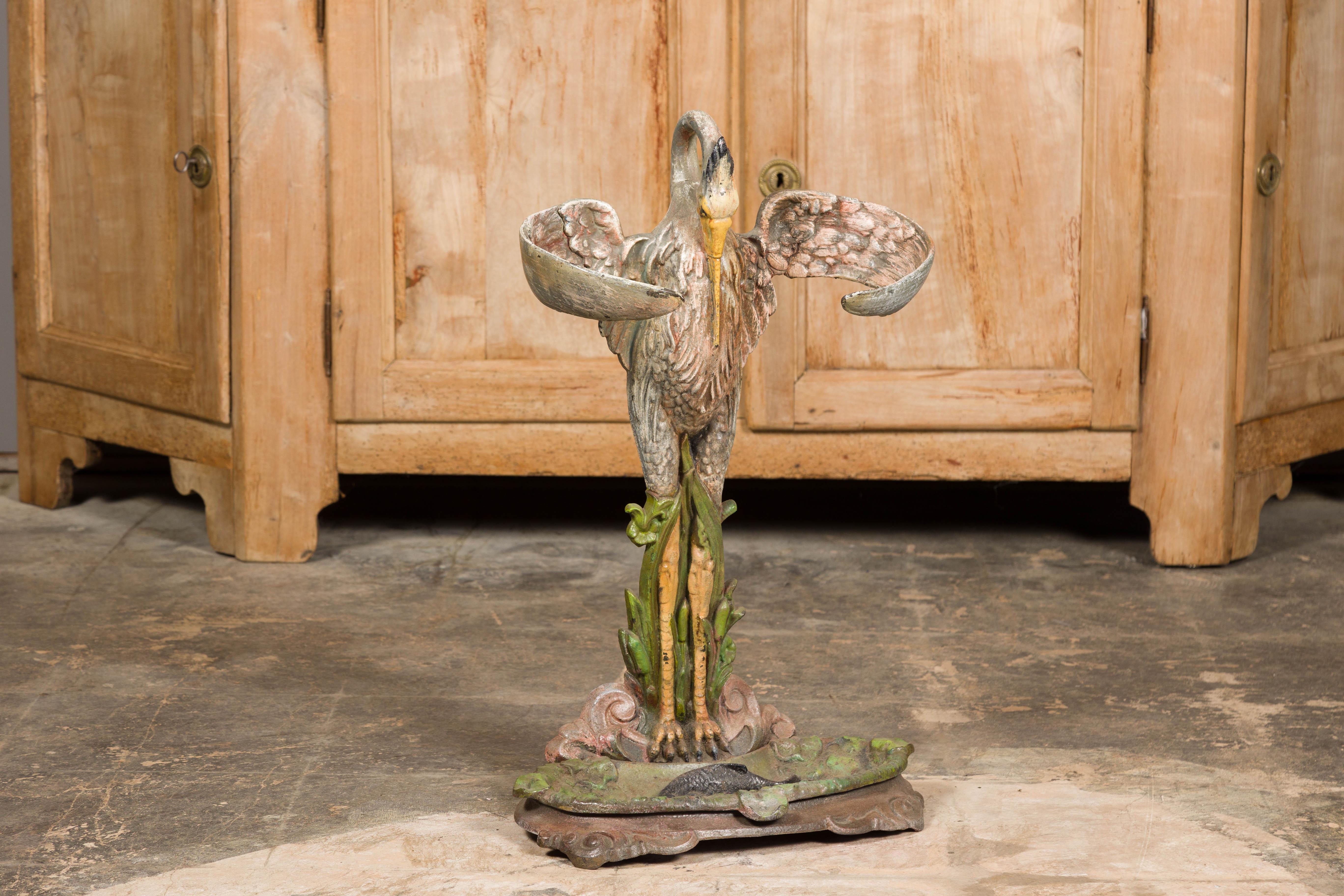 19th-Century French Cast Iron Heron Umbrella Stand with Hand-Painted Details For Sale 7