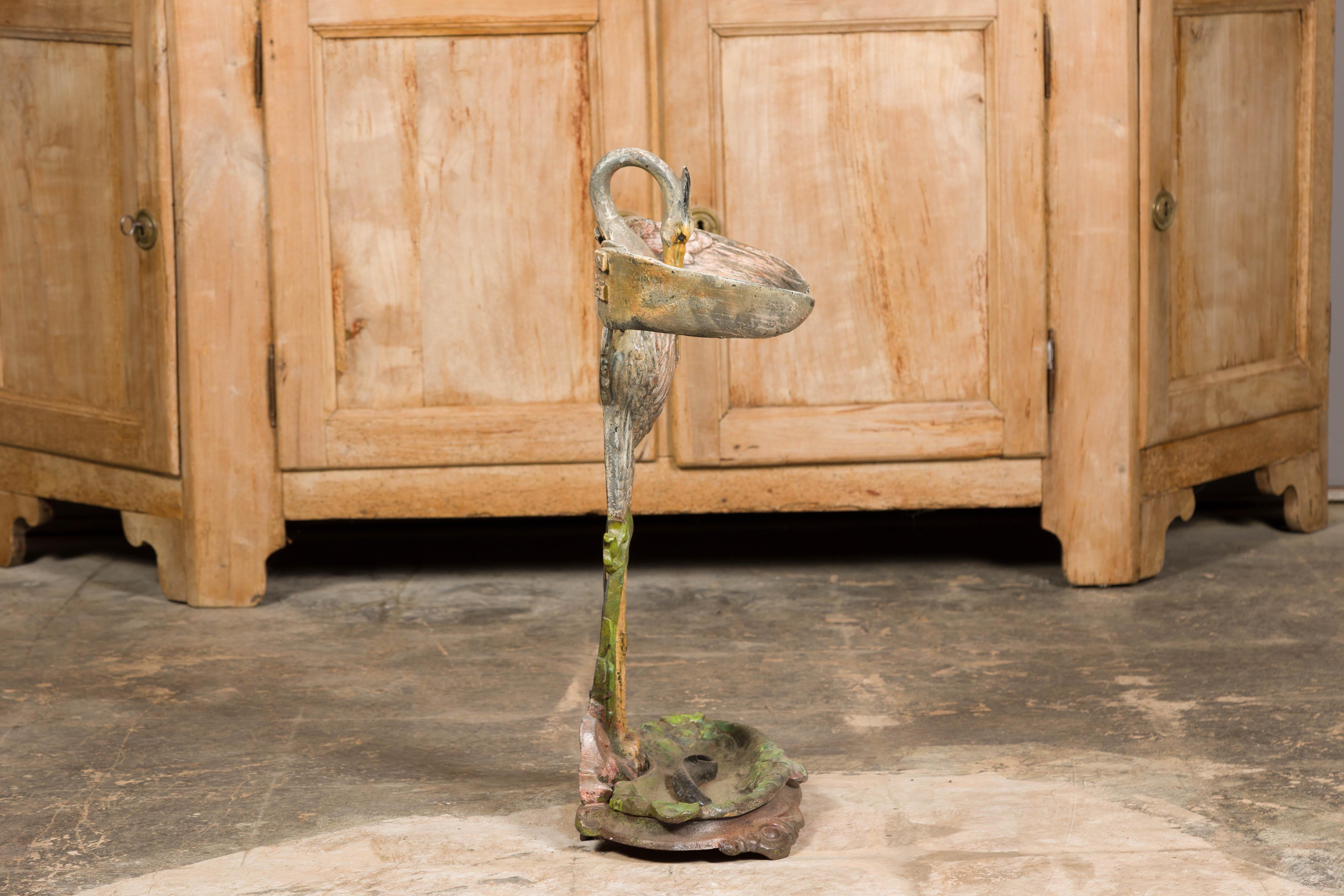 19th-Century French Cast Iron Heron Umbrella Stand with Hand-Painted Details For Sale 8