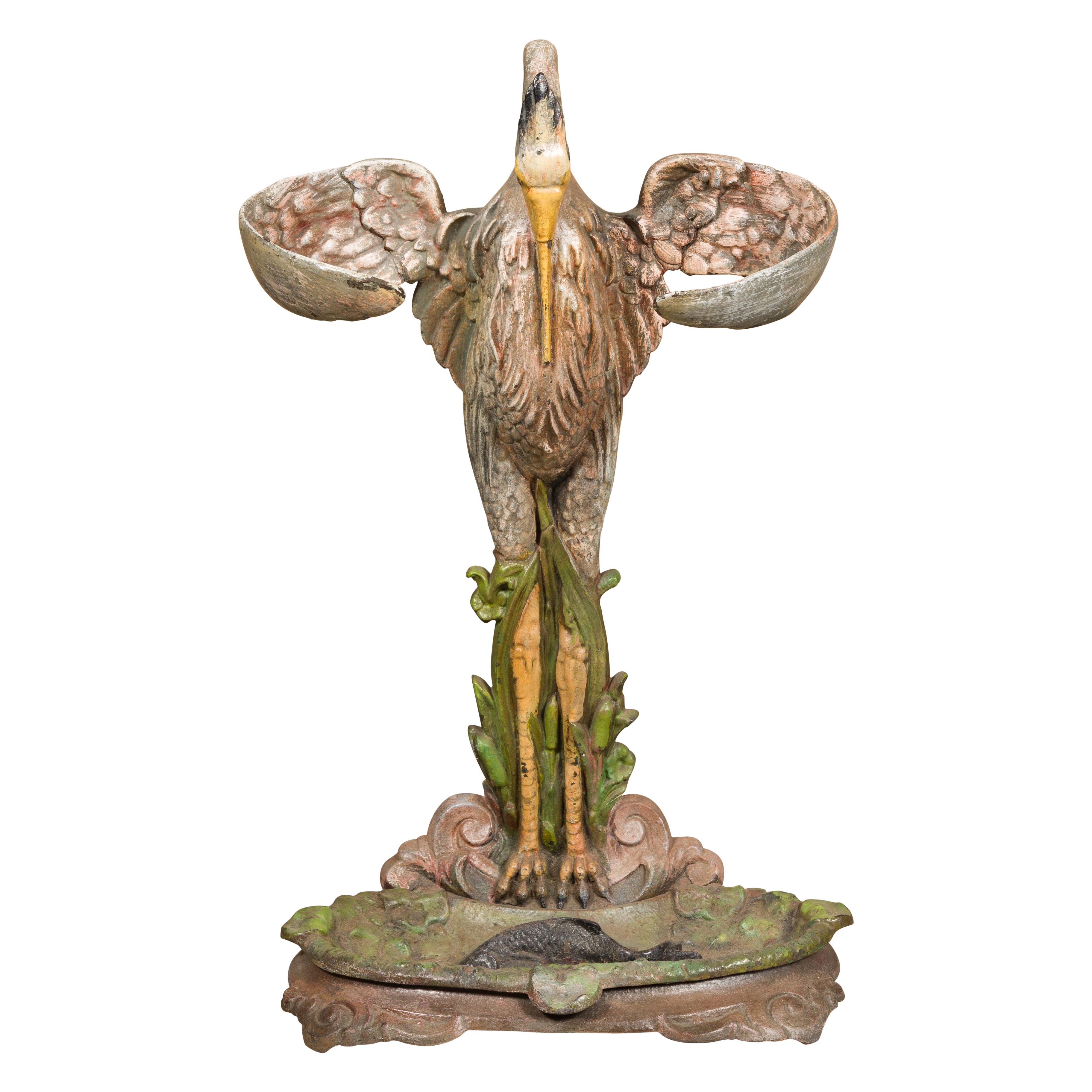 19th-Century French Cast Iron Heron Umbrella Stand with Hand-Painted Details For Sale 13