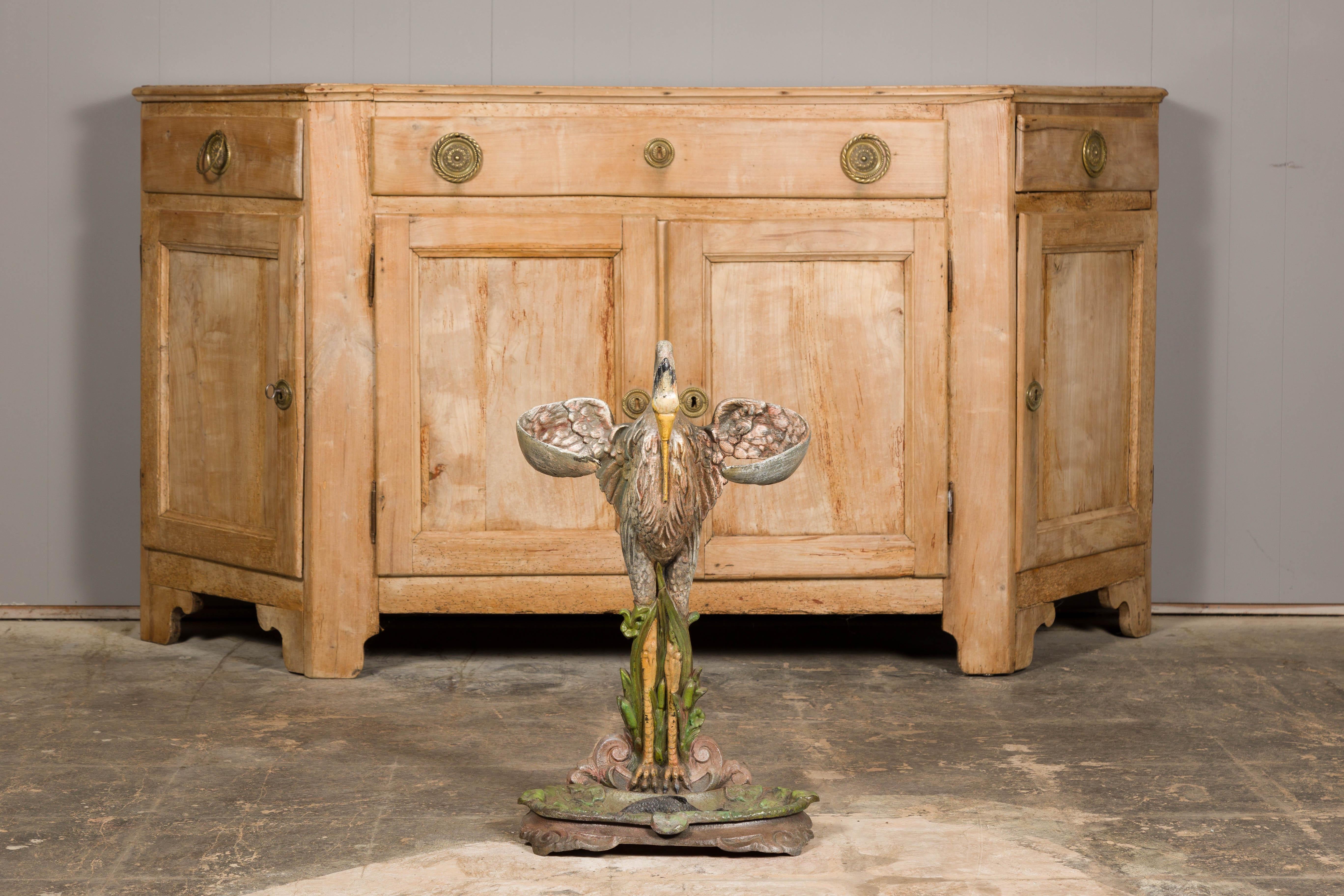 19th Century 19th-Century French Cast Iron Heron Umbrella Stand with Hand-Painted Details For Sale