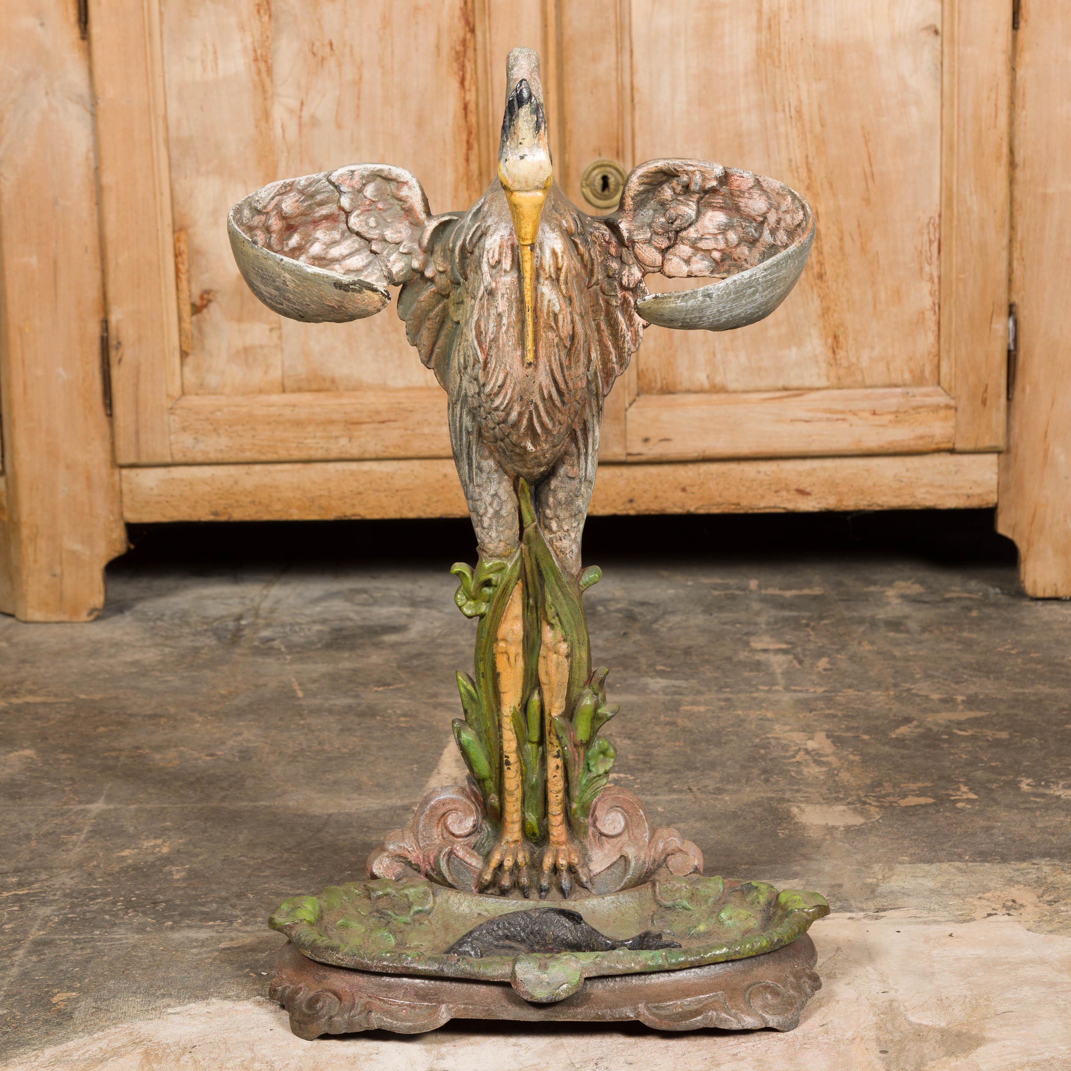 19th-Century French Cast Iron Heron Umbrella Stand with Hand-Painted Details For Sale 1