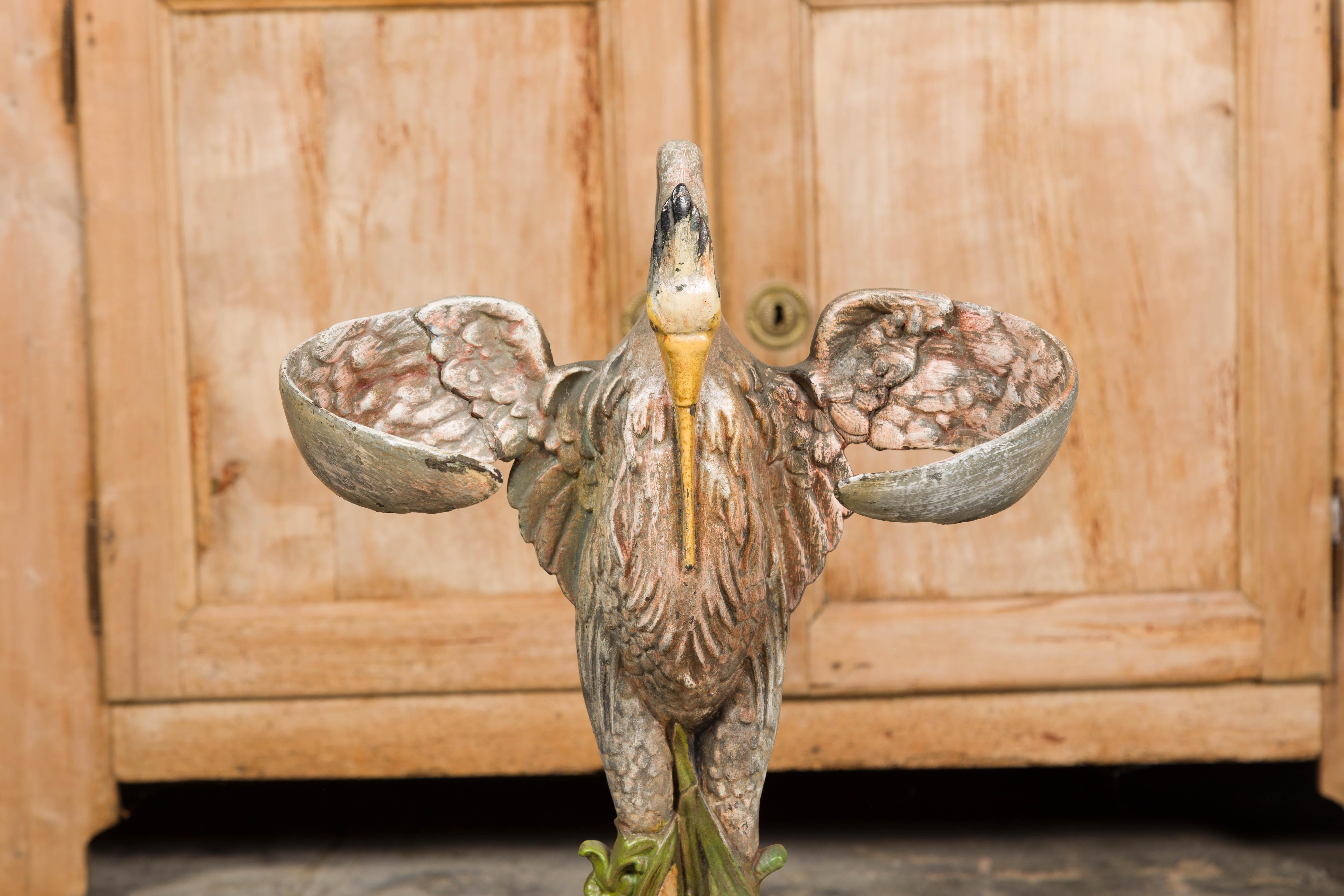 19th-Century French Cast Iron Heron Umbrella Stand with Hand-Painted Details For Sale 2