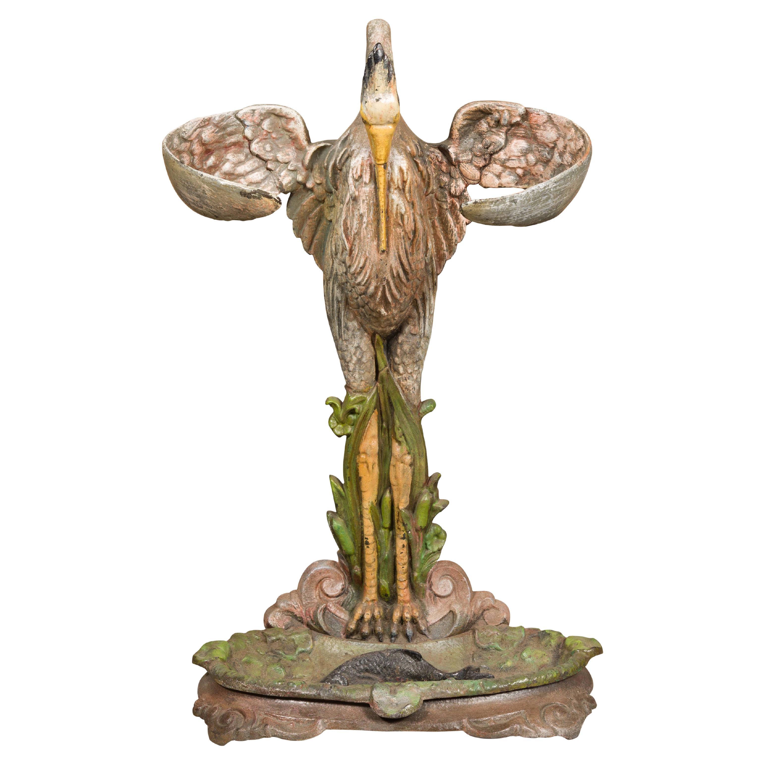19th-Century French Cast Iron Heron Umbrella Stand with Hand-Painted Details For Sale