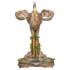 19th-Century French Cast Iron Heron Umbrella Stand with Hand-Painted Details