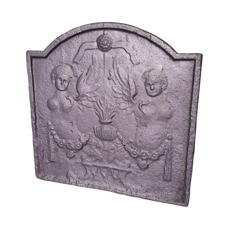 19th Century French Cast Iron Louis XVI Style Fireback with Angels For Sale