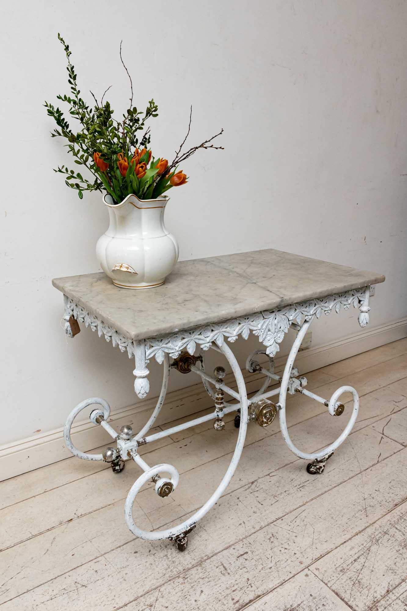 Industrial 19th Century French Cast Iron Marble Topped Decorative Patisserie Side Table