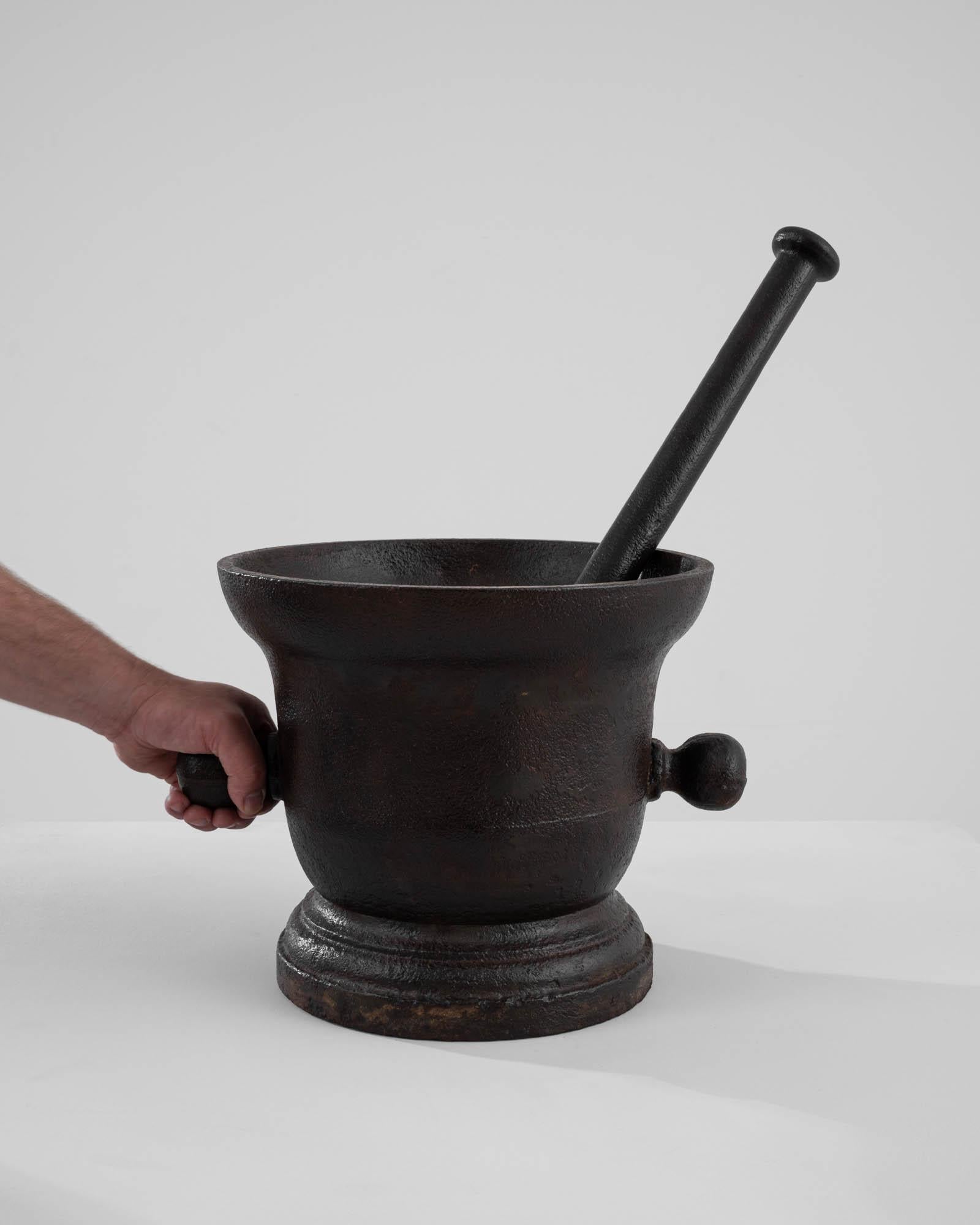 Rustic 19th Century French Cast Iron Mortar with Pestle For Sale