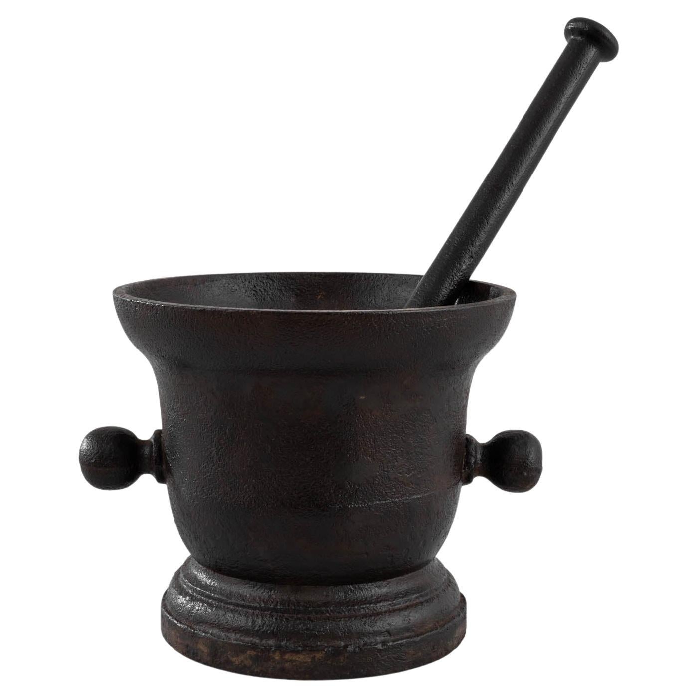19th Century French Cast Iron Mortar with Pestle For Sale