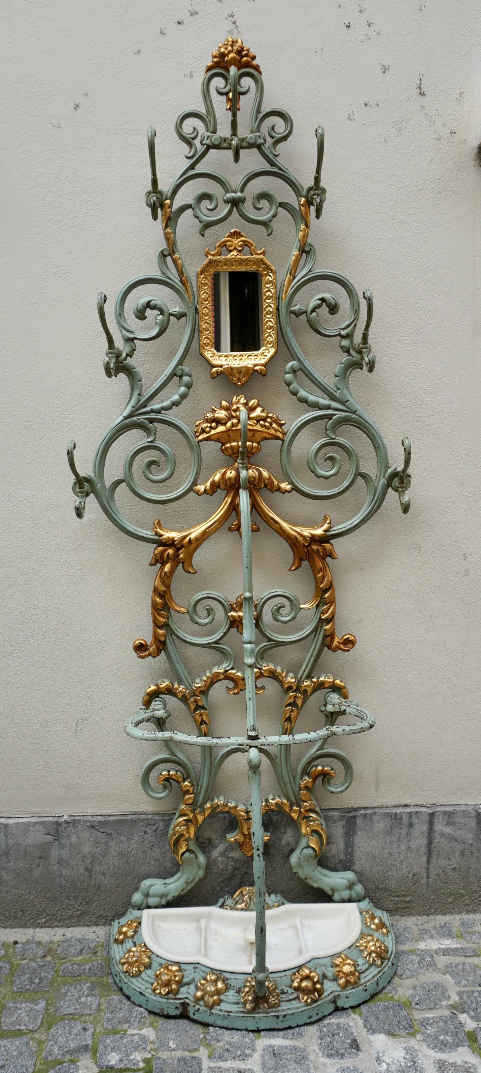 20th Century 19th Century French Art Nouveau Cast Iron Painted and Gilded Hall Stand For Sale