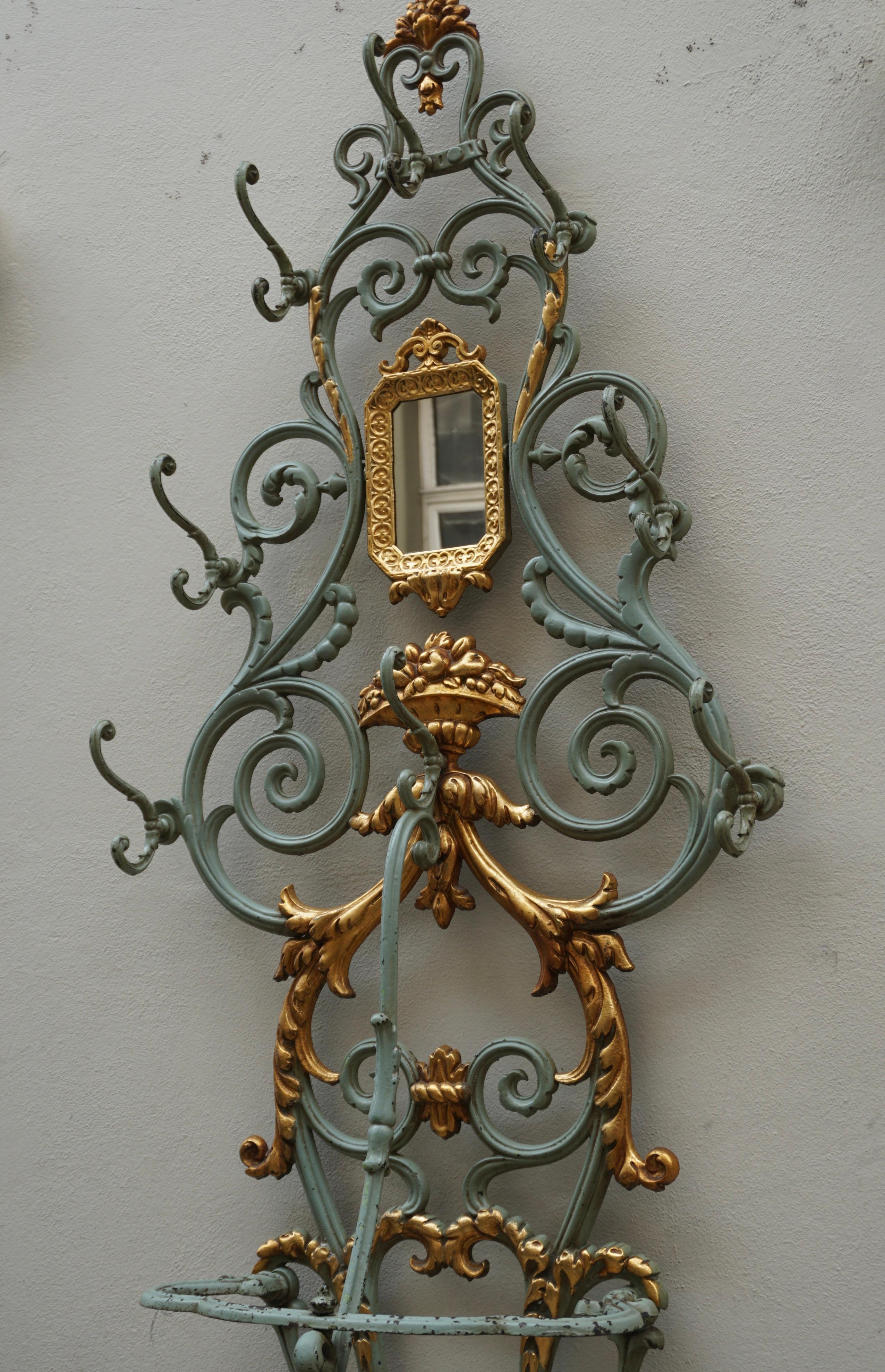 19th Century French Art Nouveau Cast Iron Painted and Gilded Hall Stand For Sale 1