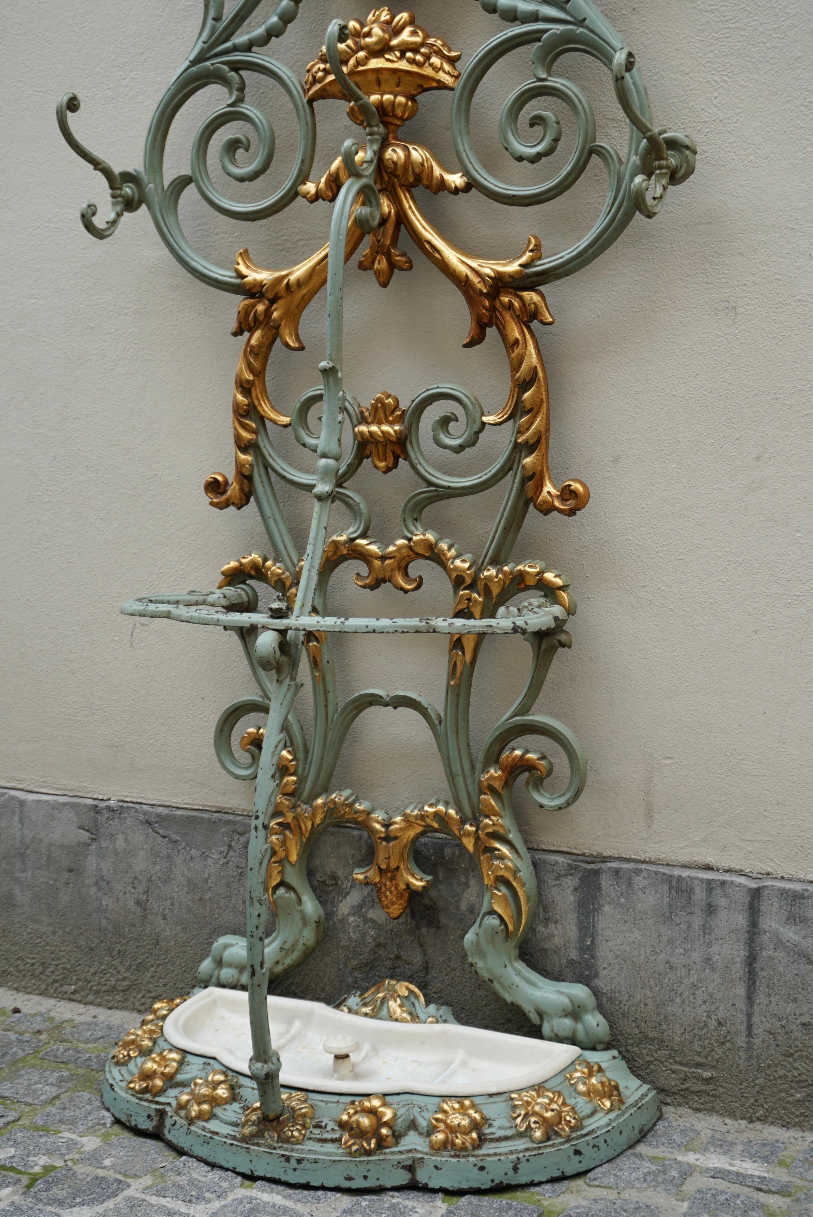 19th Century French Art Nouveau Cast Iron Painted and Gilded Hall Stand For Sale 5