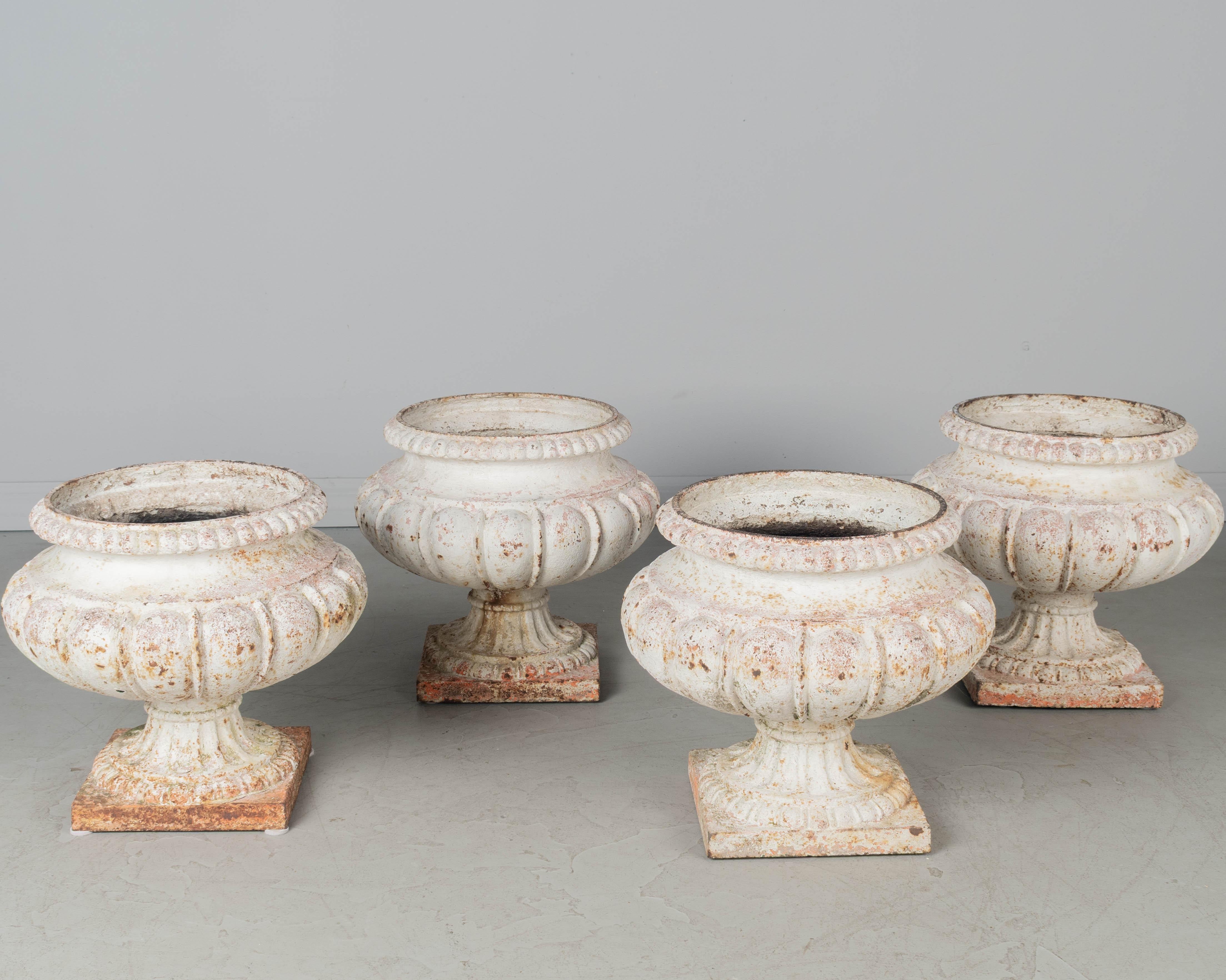 Un set di quattro fioriere da giardino in ghisa francese del XIX secolo dipinte di bianco. Patina originale arrugginita dalle intemperie. Circa 1860-1880.
Dimensioni: 14,5
