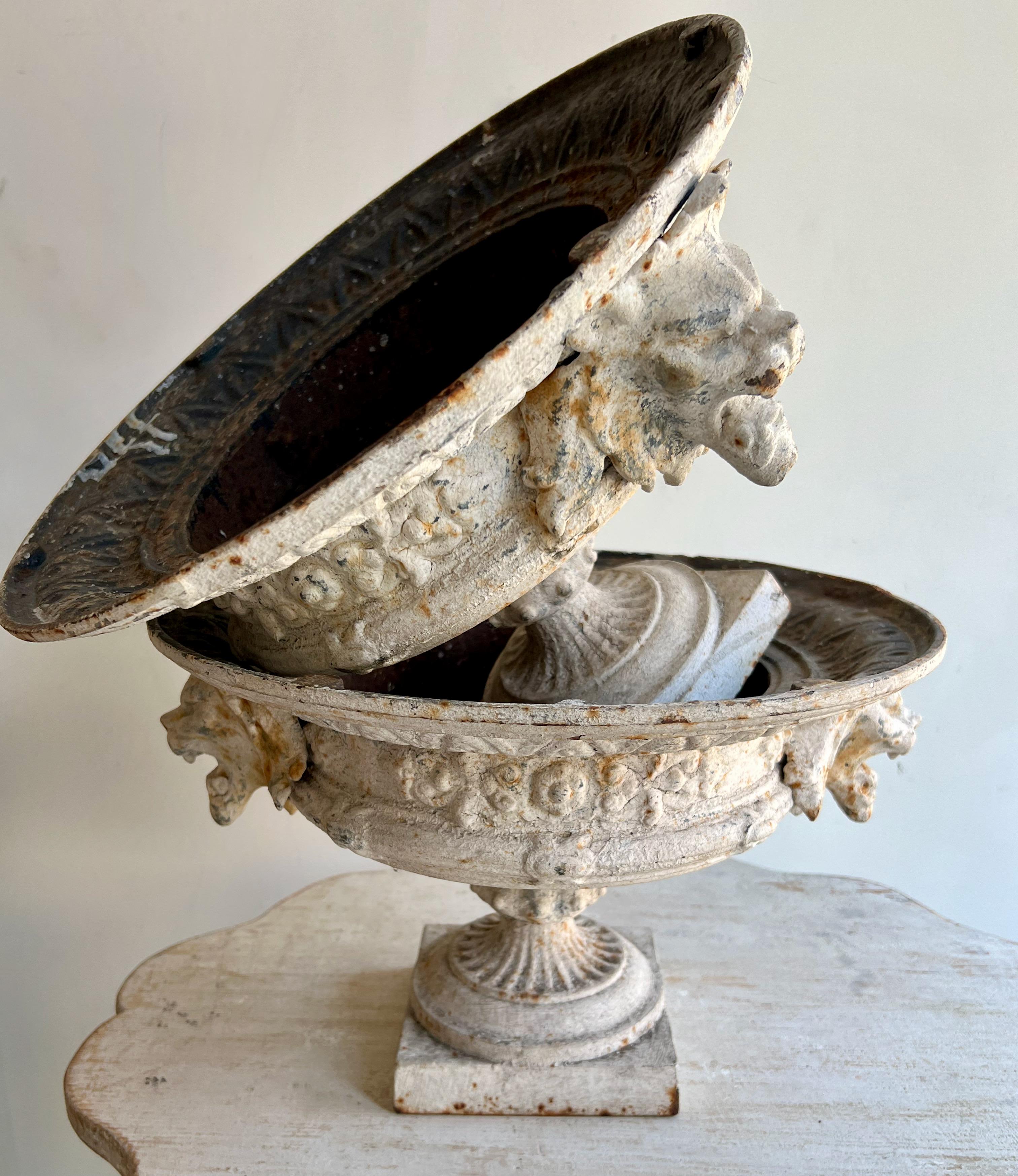 These jardinieres, France circa 1880 have a elegant style. Each vase stands on a square base over a circular foot; the planter features a flared rim with garton design and lion head handles. Large drainage hole in the center. 
Measures: Base 6