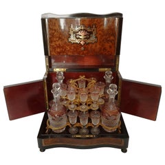 Antique 19th Century French Cave à Liqueur with Cranberry Crystal Decanters