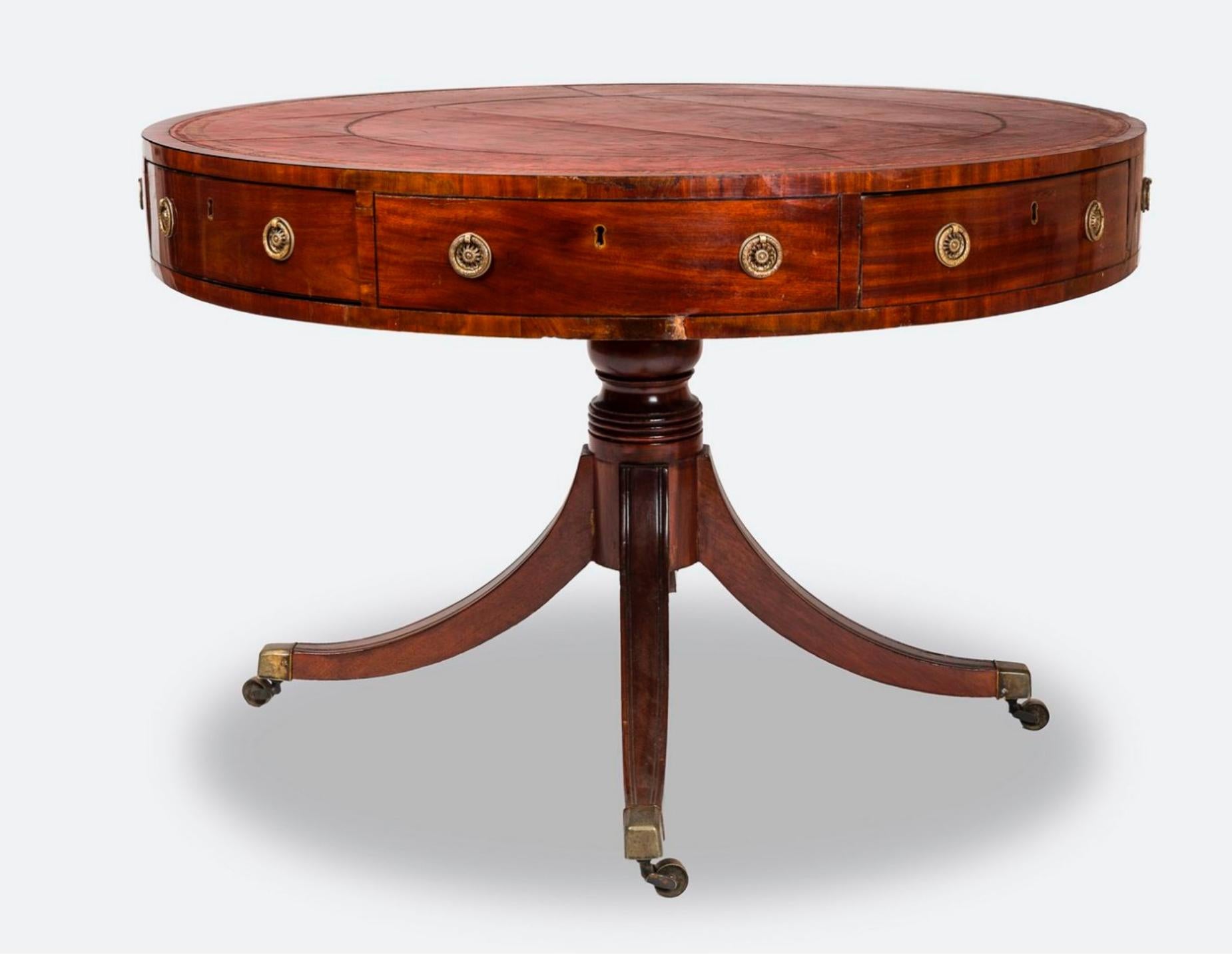 Regency 19th Century French Centre Pedestal Table in Mahogany and Red Leather Top