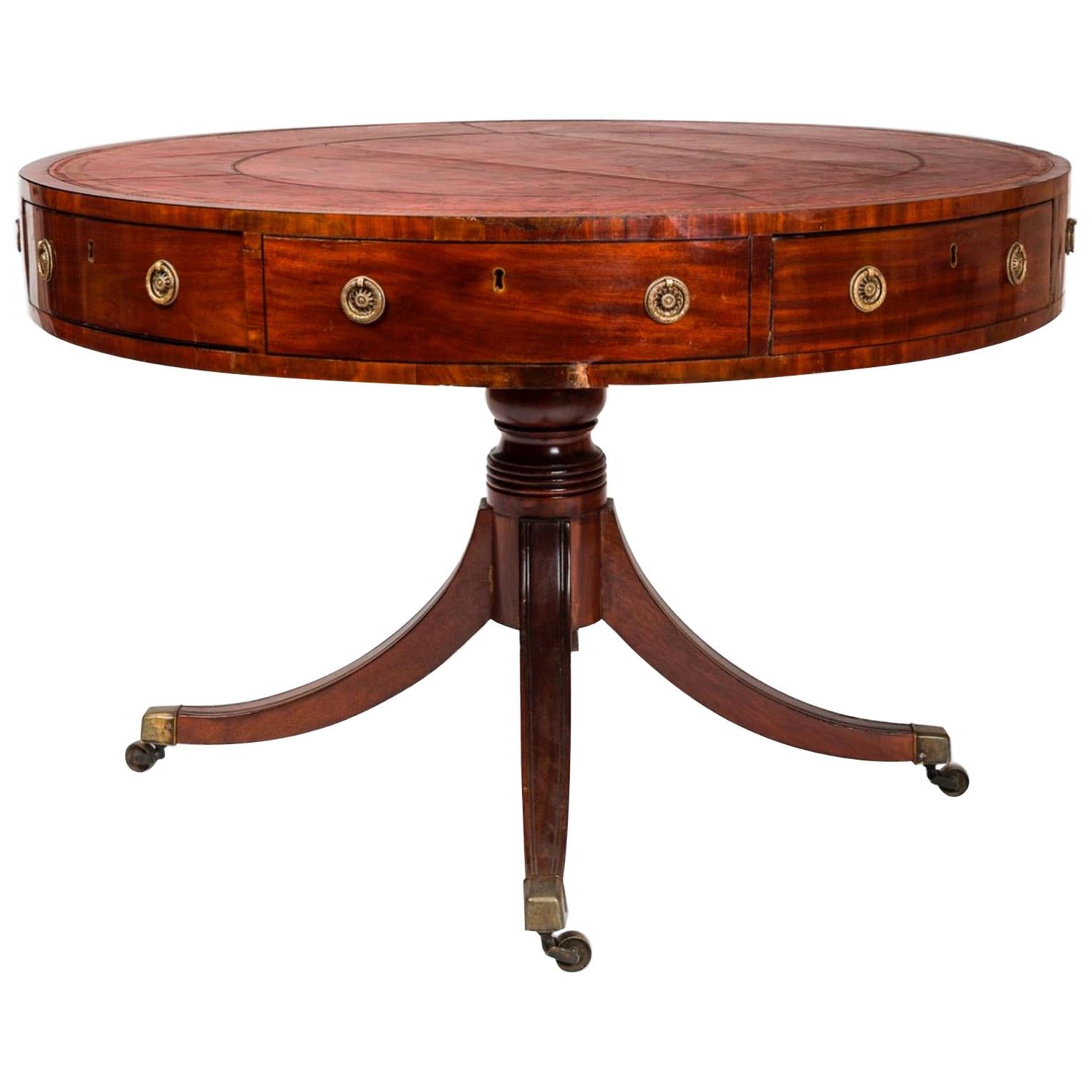 19th Century French Centre Pedestal Table in Mahogany and Red Leather Top