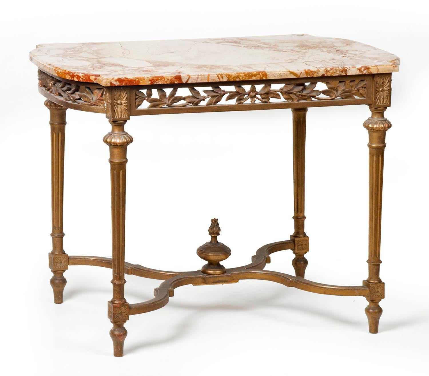 French center table with beautiful woodwork.
Made from beech wood, lightly patinated with gold paint.
The marble top has a nice profile on the edge.
The type of marble is 'Montmeyan Breccia'.
The style has characteristics of the Louis 16 style,