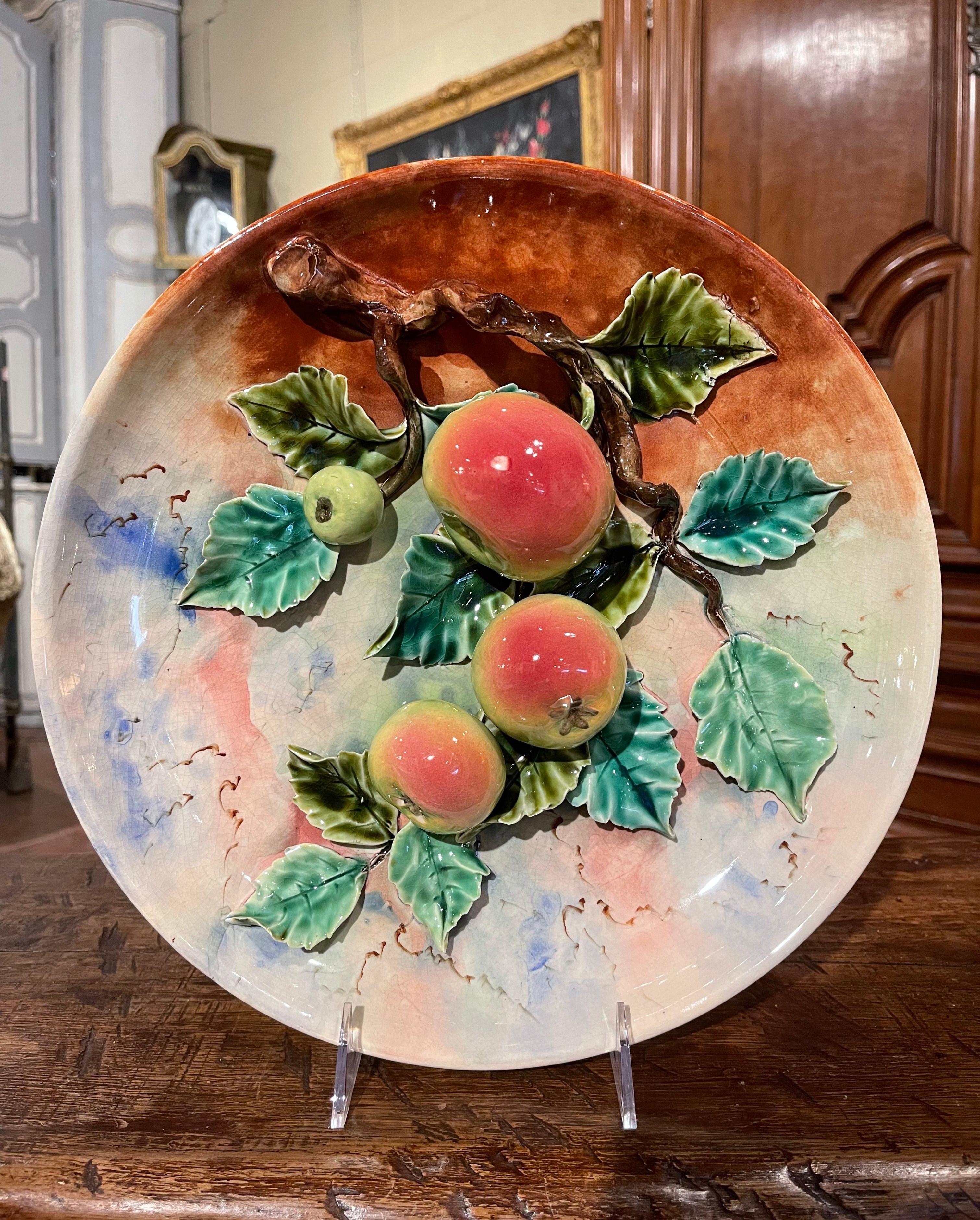Hand-Painted 19th Century French Ceramic Barbotine Apple Wall Platter Attributed to Longchamp For Sale