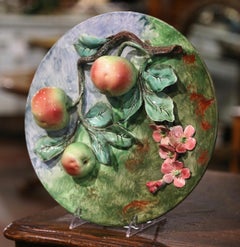 19th Century French Ceramic Barbotine Wall Platter with Apples Signed Longchamp