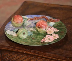 19th Century French Ceramic Barbotine Wall Platter with Apples Signed Longchamp
