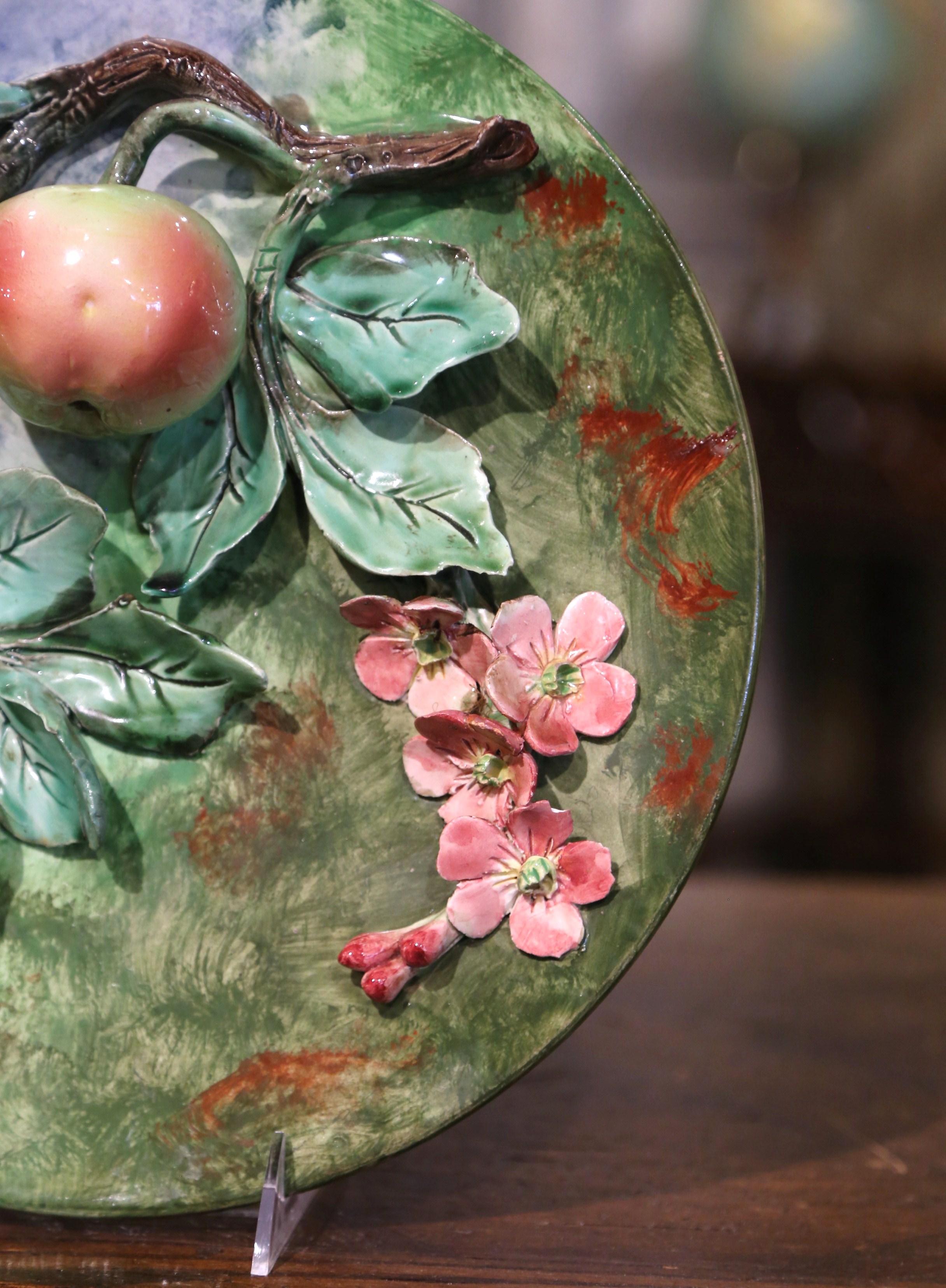 19th Century French Ceramic Barbotine Wall Platter with Apples Signed Longchamp For Sale 1