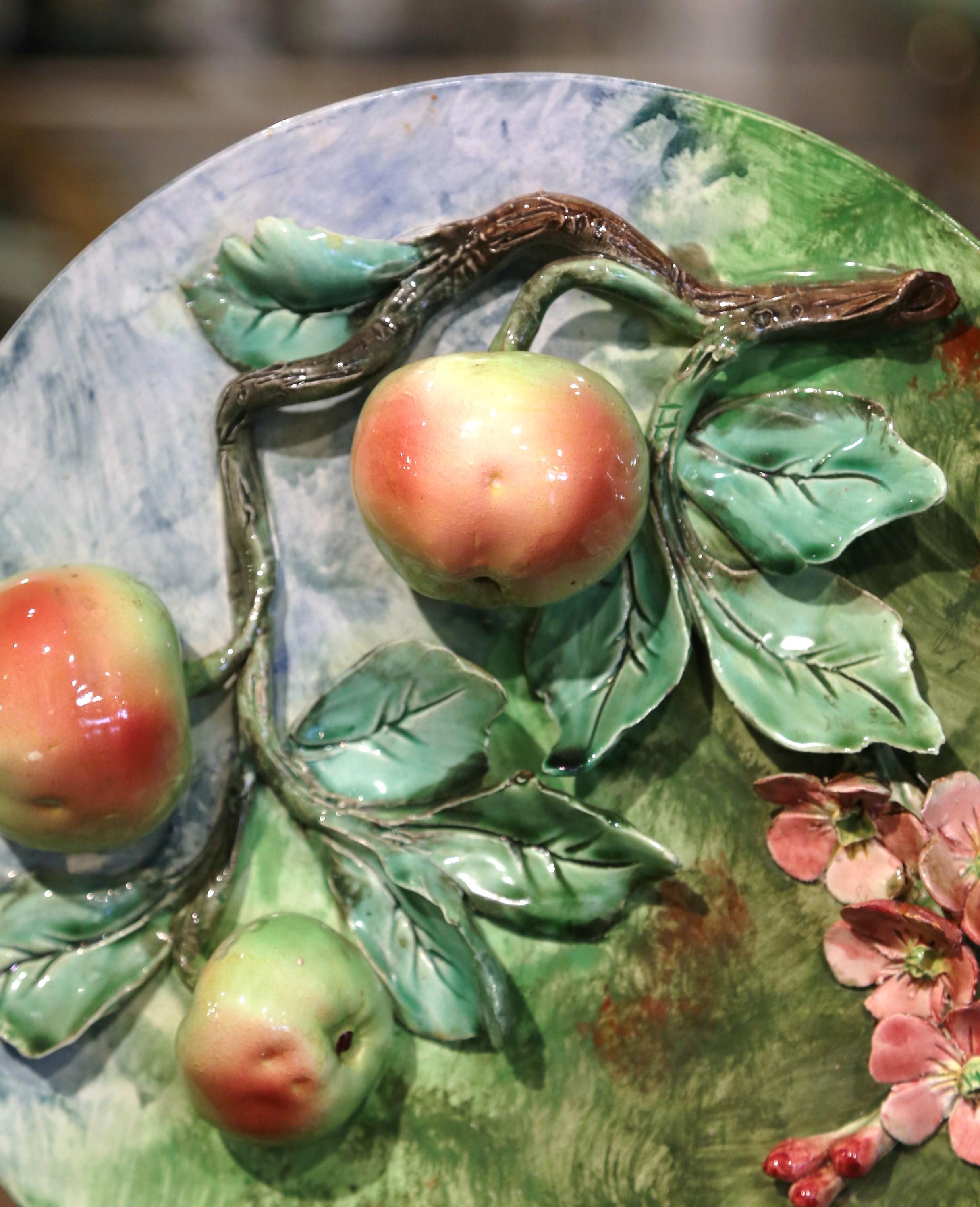 19th Century French Ceramic Barbotine Wall Platter with Apples Signed Longchamp For Sale 4