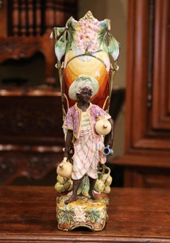 19th Century French Ceramic Hand Painted Barbotine Vase with Figure