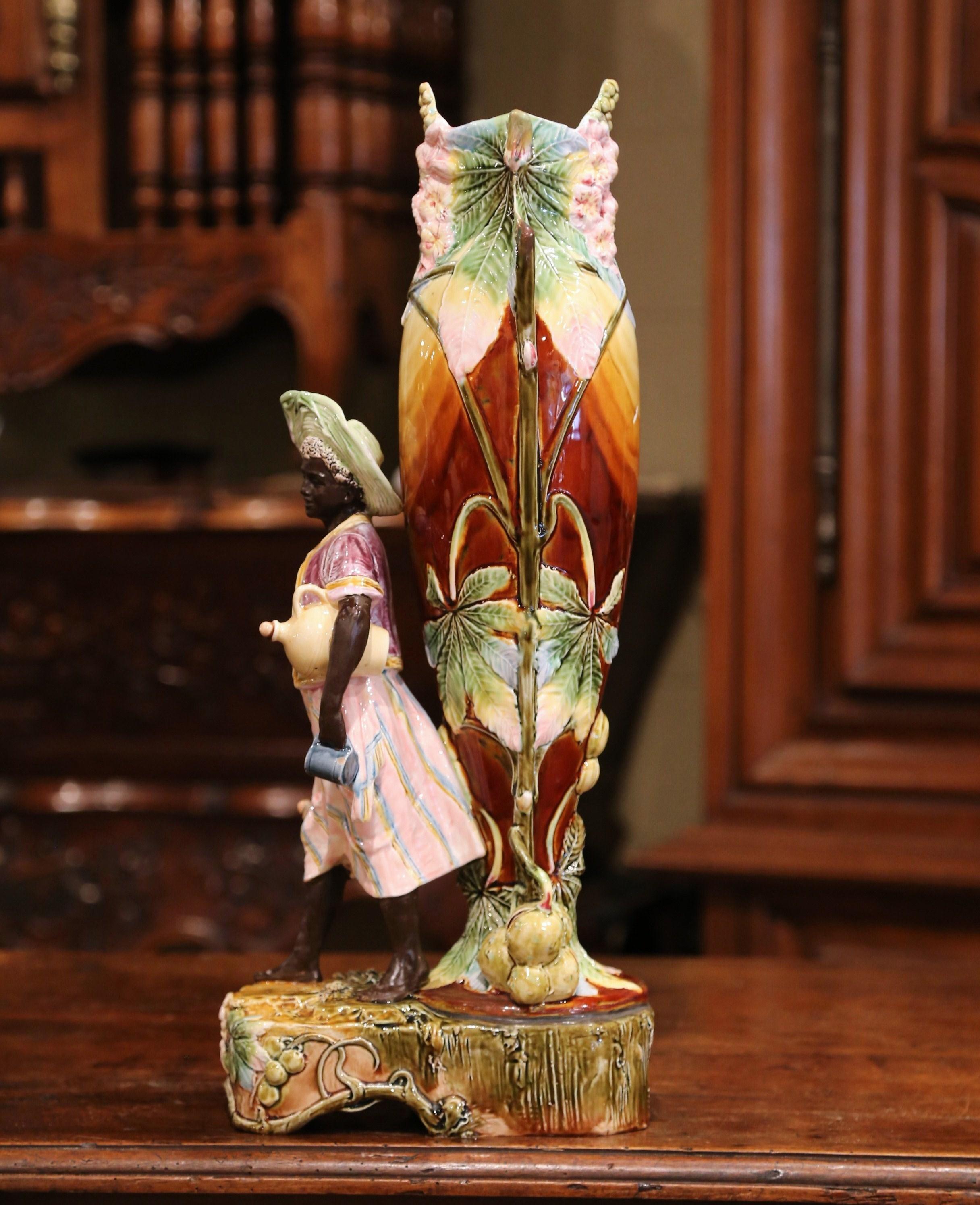 19th Century French Ceramic Hand Painted Barbotine Vase with Figure In Excellent Condition In Dallas, TX