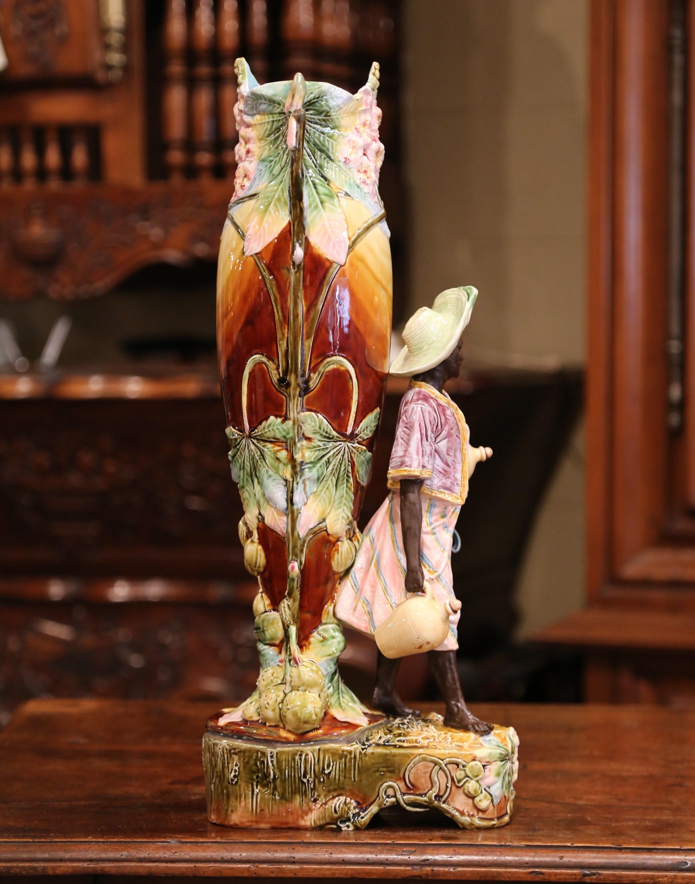 19th Century French Ceramic Hand Painted Barbotine Vase with Figure 2