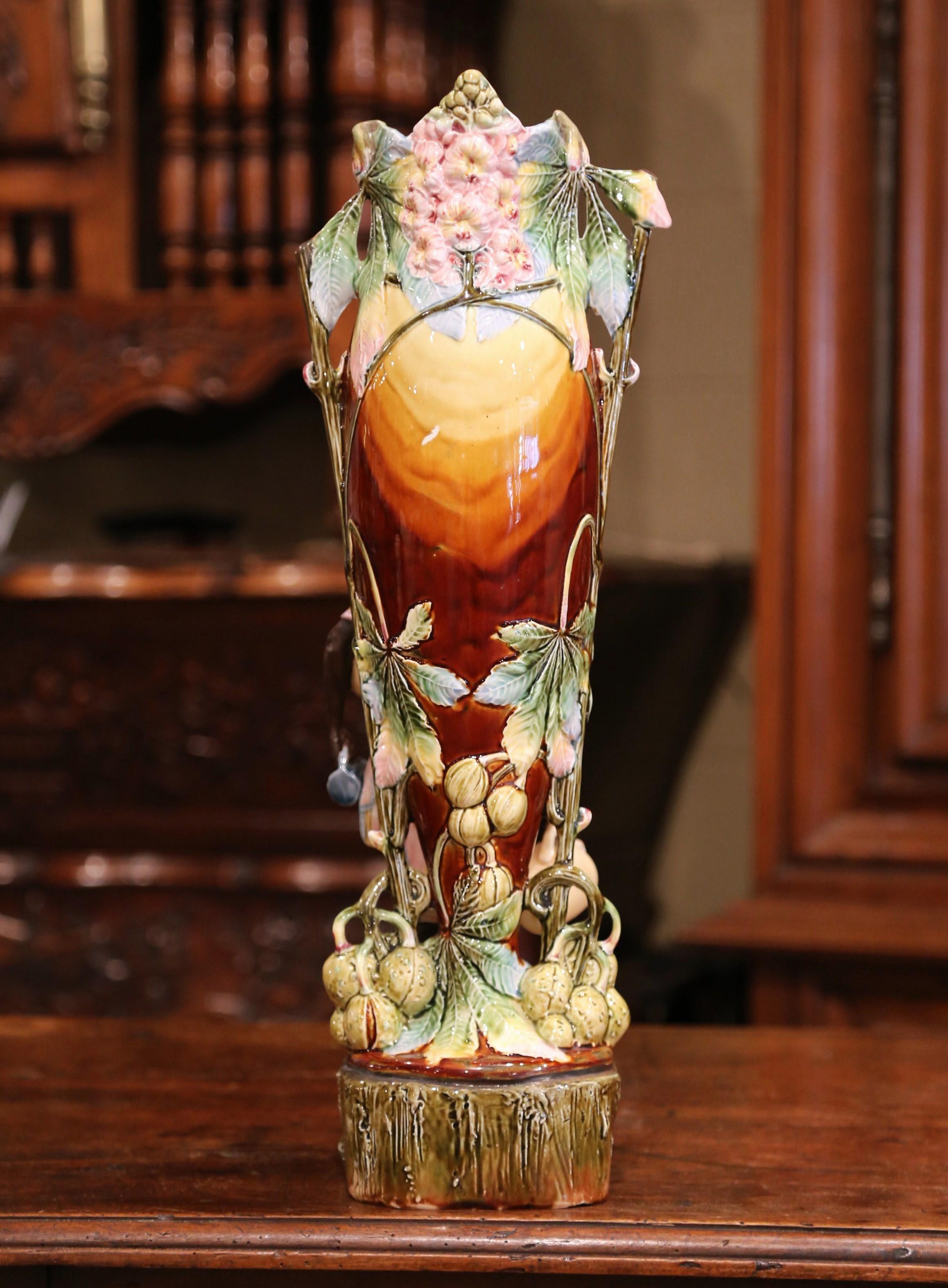 19th Century French Ceramic Hand Painted Barbotine Vase with Figure 3