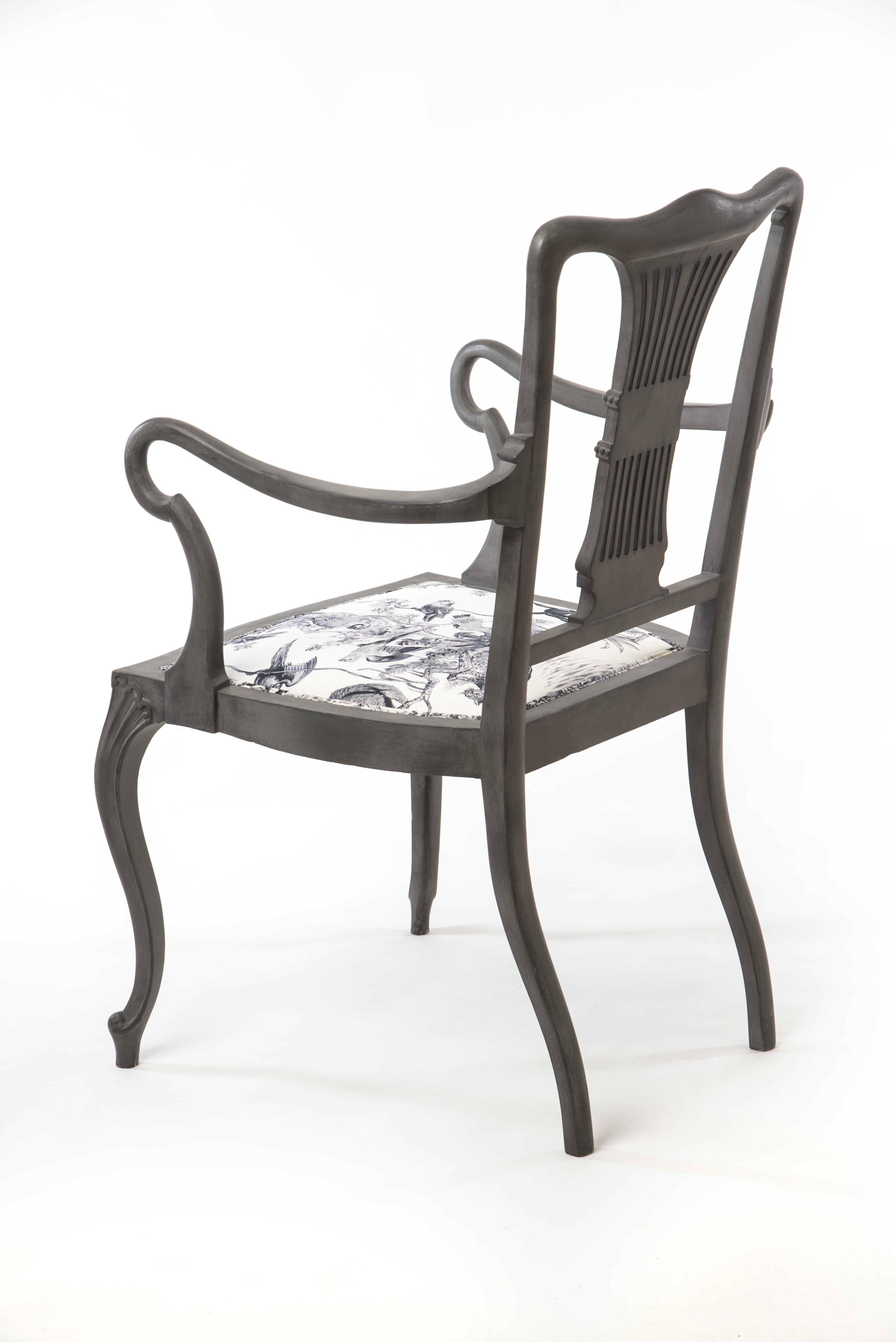 Gorgeous 19th century chair with a very interesting form and appearance. New paint and upholstered with Hermès fabric that perfectly matches the unique form of the chair.

 