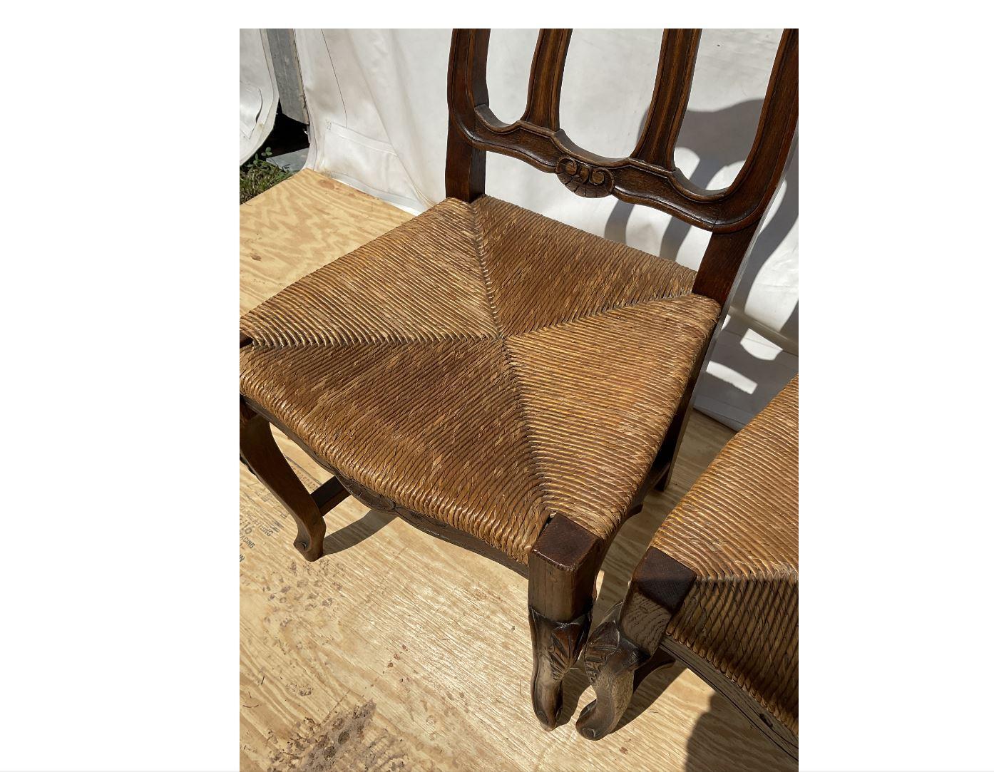 These stunning French chairs have the most beautiful and delicate engravings. The details are beautiful and would look incredible in a more traditional or French styled home. The rush seats are in great shape and really tie the piece together. 