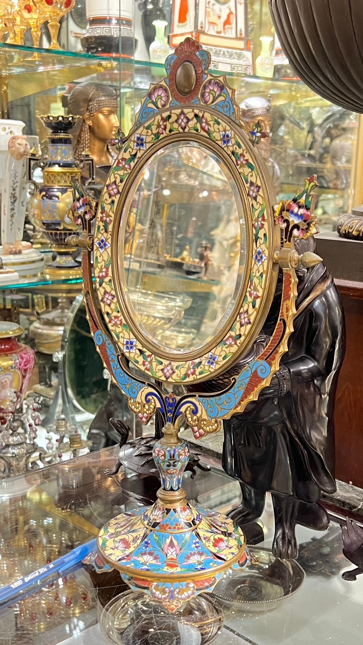 Late Victorian 19th Century French Champleve Bronze Tabletop Vanity Mirror For Sale