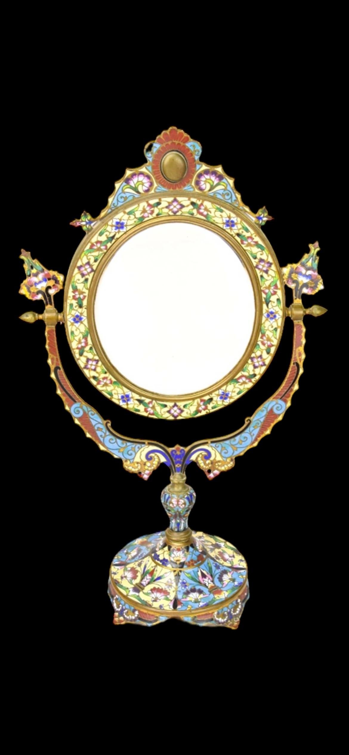 Champlevé 19th Century French Champleve Bronze Tabletop Vanity Mirror For Sale