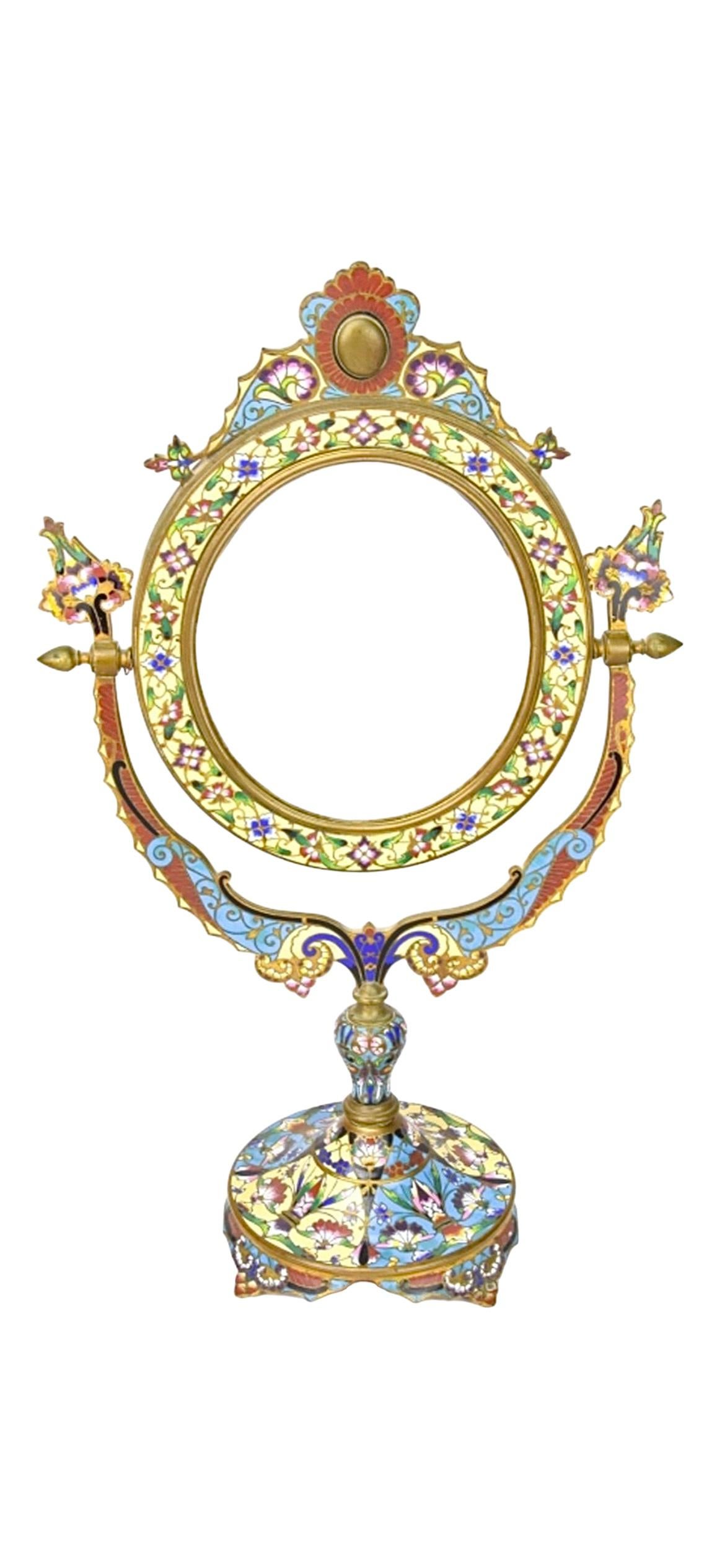 19th Century French Champleve Bronze Tabletop Vanity Mirror In Good Condition For Sale In New York, NY