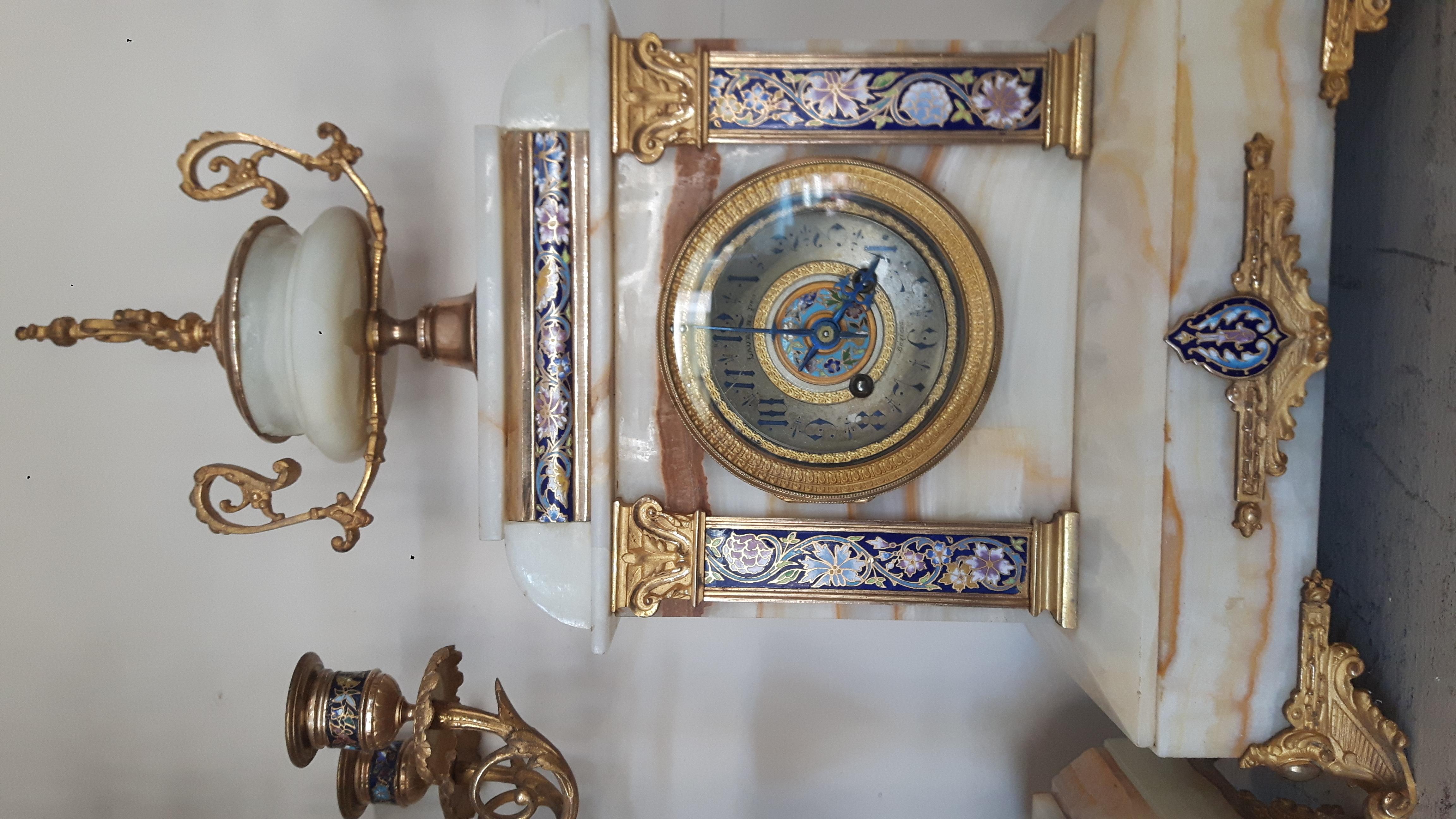 Other 19th Century French Champlevé Enamel and Marble Clock Set For Sale