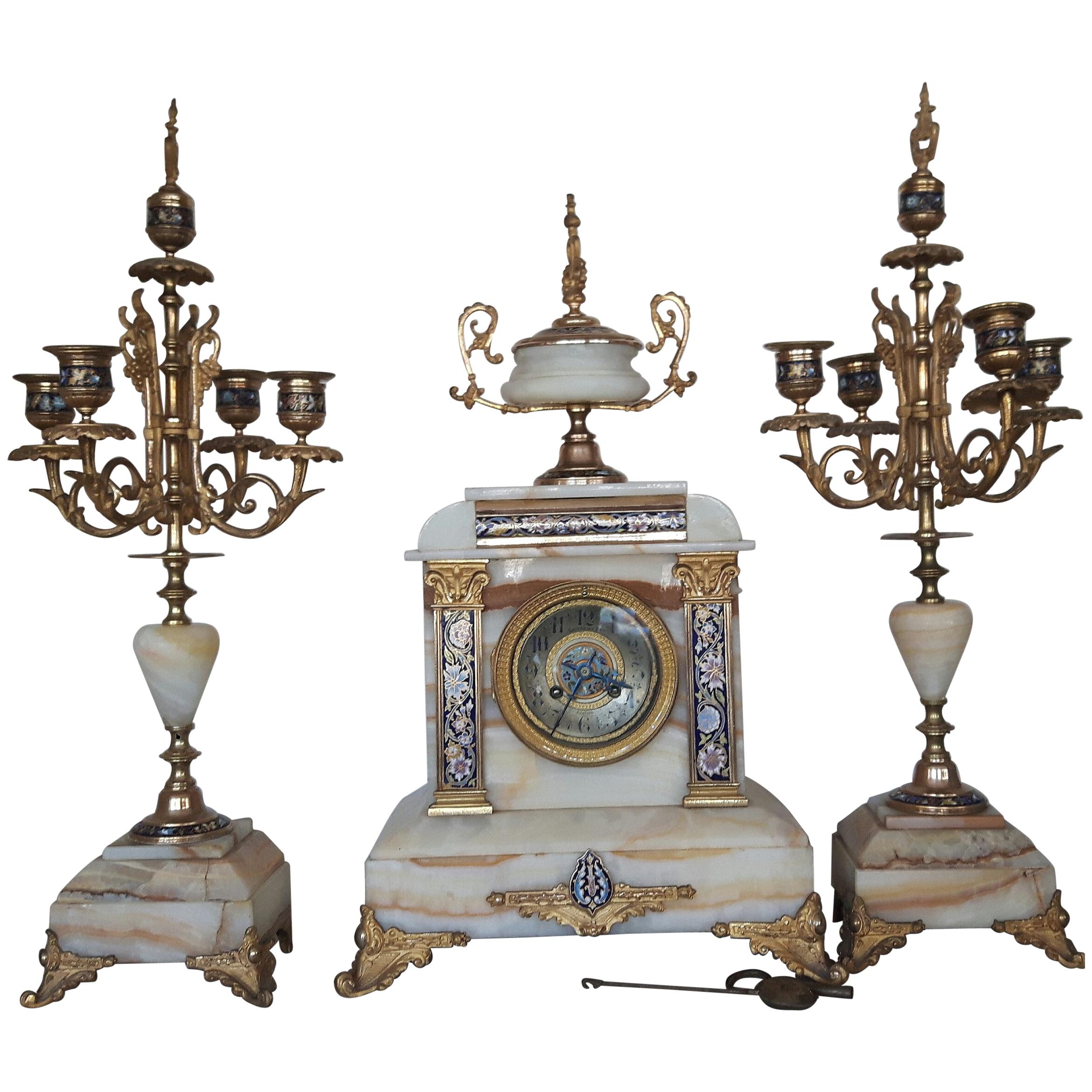 19th Century French Champlevé Enamel and Marble Clock Set